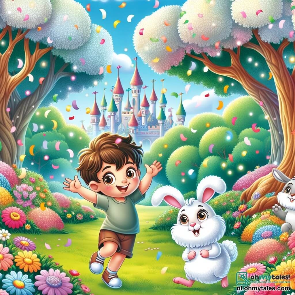 Une illustration sous forme de dessin destinée aux enfants représentant un parc enchanté rempli de fleurs colorées et d'arbres majestueux, avec un garçon de 5 ans aux cheveux bruns et aux yeux pétillants, qui danse joyeusement avec des schémas de confetti en forme de moutons, tandis qu'un petit lapin aux grandes oreilles et à la fourrure douce observe avec un sourire amusé, le tout dans une ambiance de magie légère et d'humour, capturant l'instant où ils s'apprêtent à découvrir un monde fantastique.