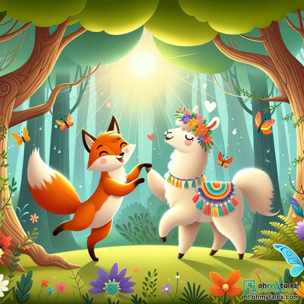 Illustratie van een zonnige scène in een open plek van het Bos van Kwebbel, waar grote bomen met knoestige stammen en weelderig groen een magische sfeer creëren. In het midden danst een feloranje vos, met sprankelende ogen vol ondeugendheid, vrolijk terwijl zijn pluizige staart achter hem aanzwaait. Naast hem danst een gracieuze lama met een witte vacht en een kleurrijke zadel, die een grappige hoed draagt, en lacht terwijl ze op de muziek van de belletjes beweegt. De hoofdscène toont de vos en de lama die samen dansen, omringd door kleurrijke bloemen en fladderende vlinders, terwijl zonnestralen door de bladeren filteren en de scène verlichten met een zachte gouden gloed. Extra elementen zijn zingende vogels in de bomen en een vrolijke sfeer, gevuld met gelach en geluk.