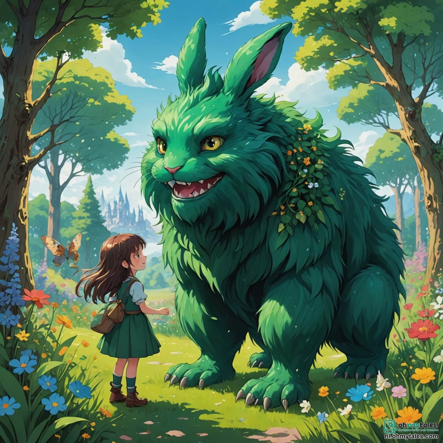 Une illustration destinée aux enfants représentant un grand monstre à la fourrure émeraude, avec des yeux pétillants de gentillesse et un sourire maladroit, se tenant au bord d'une clairière enchantée où des fleurs multicolores dansent sous la brise légère, tandis qu'un petit lapin au pelage soyeux et aux oreilles tombantes, une fille pleine de courage et de curiosité, se blottit contre lui, cherchant du réconfort après s'être blessée, alors que des oiseaux aux plumes chatoyantes chantent joyeusement dans les branches des arbres majestueux qui entourent leur refuge secret, créant une atmosphère magique et chaleureuse où l'amitié et l'aventure se mêlent harmonieusement.