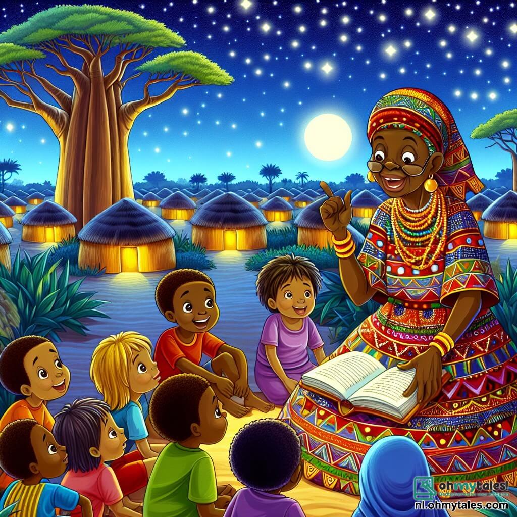 Une illustration sous forme de dessin destinée aux enfants représentant un village africain vibrant, avec des huttes colorées sous un ciel étoilé, où une femme sage au sourire chaleureux, vêtue d'une robe traditionnelle aux motifs éclatants, raconte une histoire captivante aux enfants du village, qui, émerveillés, écoutent attentivement, tandis qu'une grande baobab majestueuse se dresse à l'arrière-plan, illuminée par la douce lumière de la lune, créant une atmosphère magique et pleine de rêves.