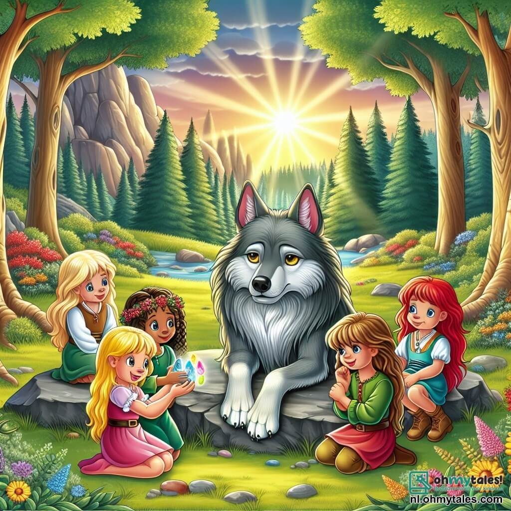 Illustratie van een scène in een zonnige open plek, omringd door grote bomen met dikke stammen en groene bladeren. In het midden zit een grote boze wolf, met grijze vacht en glanzende gele ogen, treurig op een rots, naar de lucht kijkend met een melancholische uitdrukking. Naast hem staan drie jonge meisjes van ongeveer 8 jaar met lange gekleurde haren: één met blond haar in een roze jurk, de ander met bruin haar in een groene tuniek, en de laatste met rood haar in een blauwe rok. Ze glimlachen en bieden de wolf een glanzende steen aan, wat hun vriendschap en moed symboliseert. Op de achtergrond voegen kleurrijke bloemen en zonnestralen die door de takken van de bomen filteren een magische toets toe aan de scène.