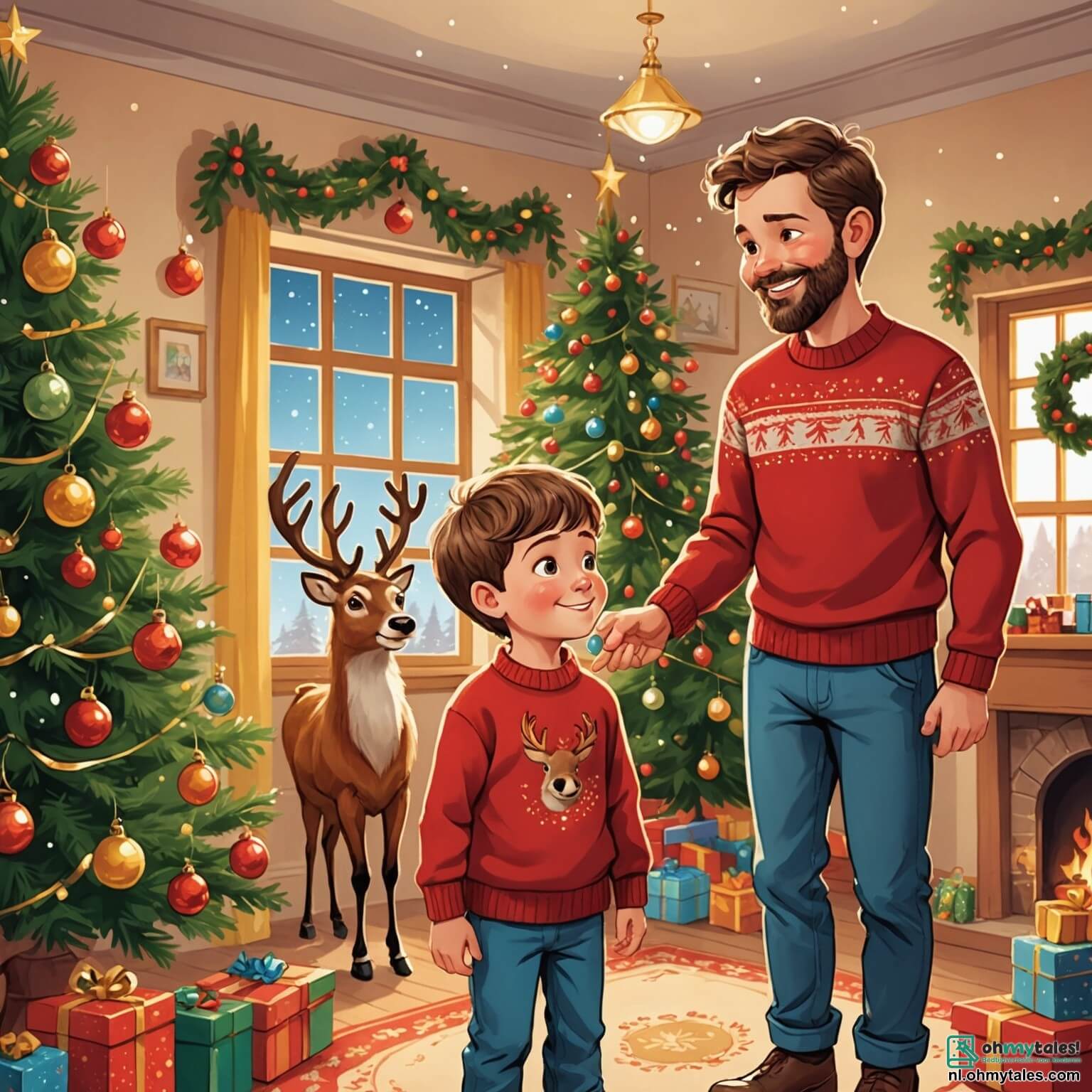 Une illustration destinée aux enfants représentant un petit garçon aux yeux pétillants de curiosité, vêtu d'un pull rouge avec un renne, qui se trouve dans une chaleureuse maison décorée pour Noël, où une grande et scintillante sapin trône dans un coin, entouré de guirlandes dorées et de boules colorées, tandis que son père, un homme jovial avec une barbe douce et un sourire éclatant, l'aide à préparer des biscuits sucrés, créant une atmosphère festive remplie de rires et de magie, alors qu'à l'extérieur, la neige tombe doucement, recouvrant le monde d'un manteau blanc étincelant.
