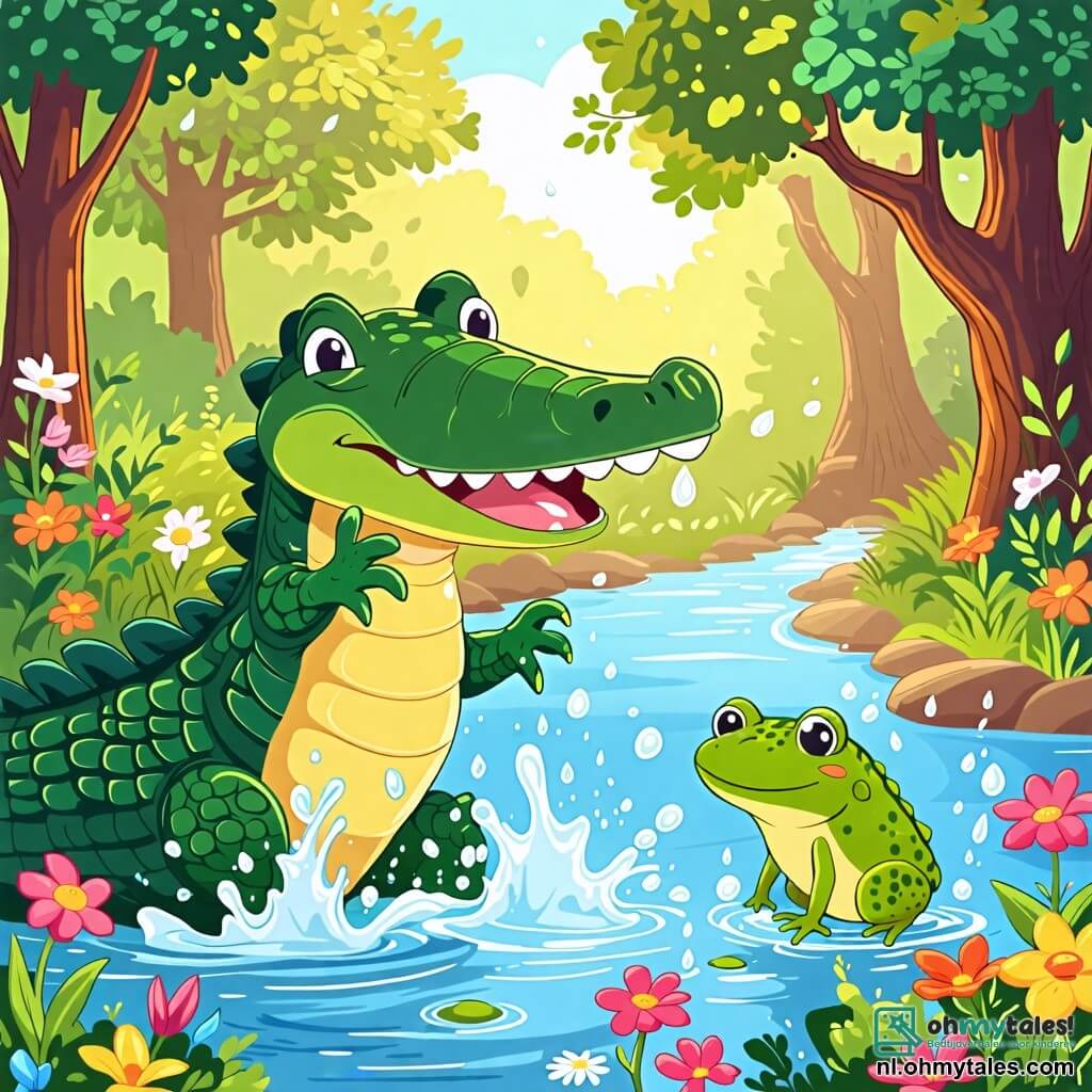 Une illustration sous forme de dessin destinée aux enfants représentant une rivière paisible bordée de grands arbres et de fleurs colorées, avec un grand crocodile vert aux écailles brillantes qui saute joyeusement dans l'eau, éclaboussant des gouttes autour de lui, tandis qu'une petite grenouille verte aux yeux pétillants et aux pattes longues l'observe en riant, capturant l'instant où ils s'amusent ensemble, illustrant l'amitié entre des animaux de tailles différentes.