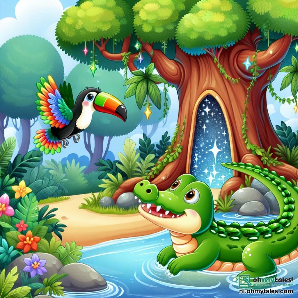 Une illustration sous forme de dessin destinée aux enfants représentant une jungle luxuriante avec des arbres géants aux feuilles brillantes, où un jeune crocodile à la peau verte étincelante et aux yeux pétillants nage joyeusement dans une rivière claire, accompagné d'un toucan coloré aux plumes vives qui vole à ses côtés, alors qu'ils découvrent ensemble une grande et mystérieuse arbre avec une porte scintillante, symbolisant leur aventure magique et leur amitié.