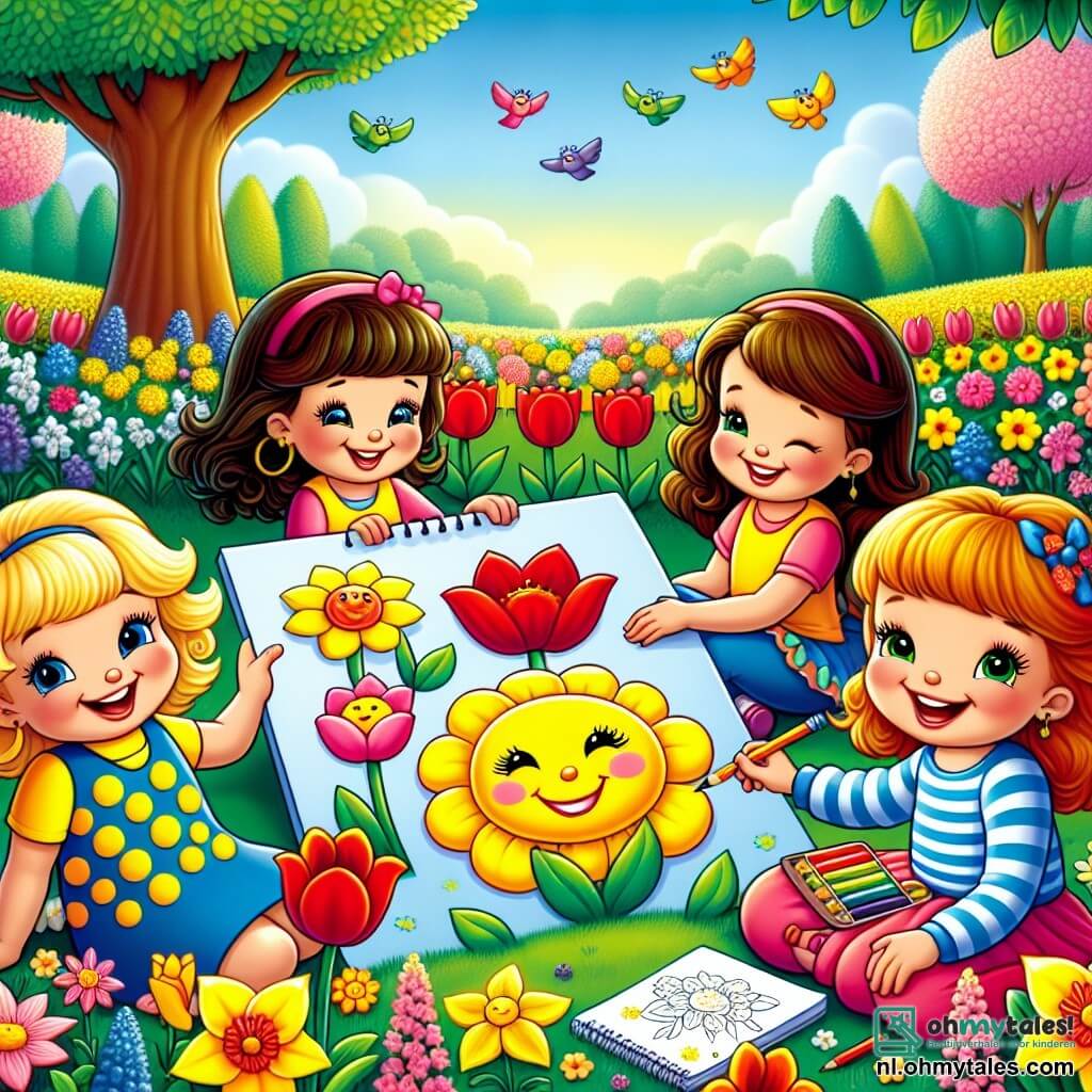 Illustratie van een prachtige lentetuin, vol met kleurrijke bloemen zoals rode tulpen, gele narcissen en paarse viooltjes. In het midden zitten vier jonge meisjes van ongeveer zes jaar, lachend en vrolijk, op het groene gras. Een van hen, met blond haar en een gele jurk met witte stippen, tekent een grote bloem met een lachend gezicht. Naast haar kijkt een meisje met bruin haar in een roze jurk bewonderend naar de tekening van haar vriendin. Een ander meisje, met kastanjebruin haar en een blauwe t-shirt, houdt een potlood in de ene hand en een schetsboek in de andere, klaar om te tekenen. Tot slot wijst het vierde meisje, met rood haar en een gestreepte jurk, naar een mooie bloem die net is opengegaan. Op de achtergrond biedt een grote, majestueuze groene boom schaduw, terwijl kleurrijke vogels door de blauwe lucht vliegen. De sfeer is vrolijk en vol leven, wat de magie van de lente en vriendschap symboliseert.