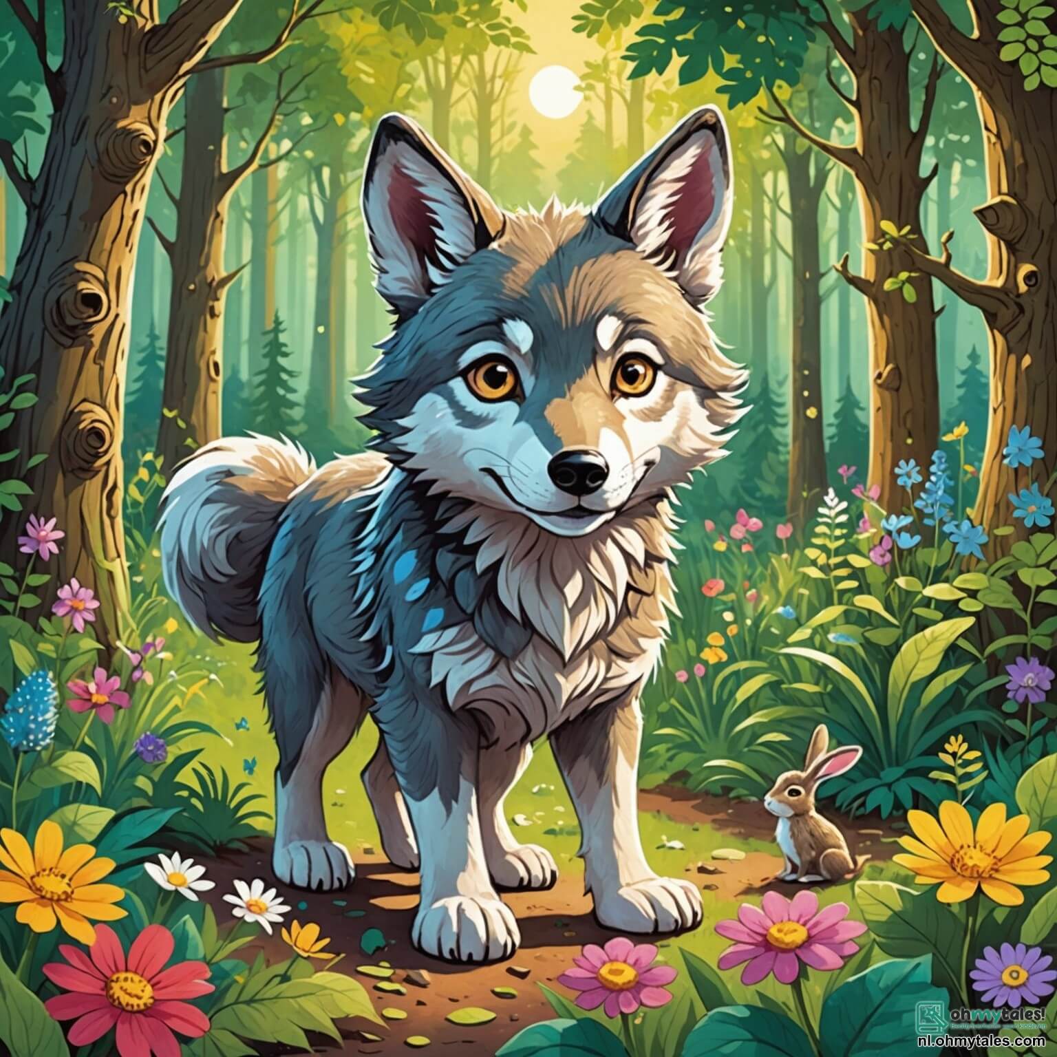 Une illustration destinée aux enfants représentant un loup à la fourrure douce et chatoyante, aux yeux pétillants de gentillesse, se tenant au cœur d'une forêt verdoyante où les rayons du soleil filtrent à travers les feuilles des arbres majestueux, entouré de ses nouveaux amis, un petit lapin aux grandes oreilles et un hérisson timide, alors qu'ils jouent ensemble à cache-cache parmi les fleurs colorées et les buissons touffus, tout en découvrant la beauté de l'amitié dans un monde où les préjugés s'effacent comme la brume au lever du jour.