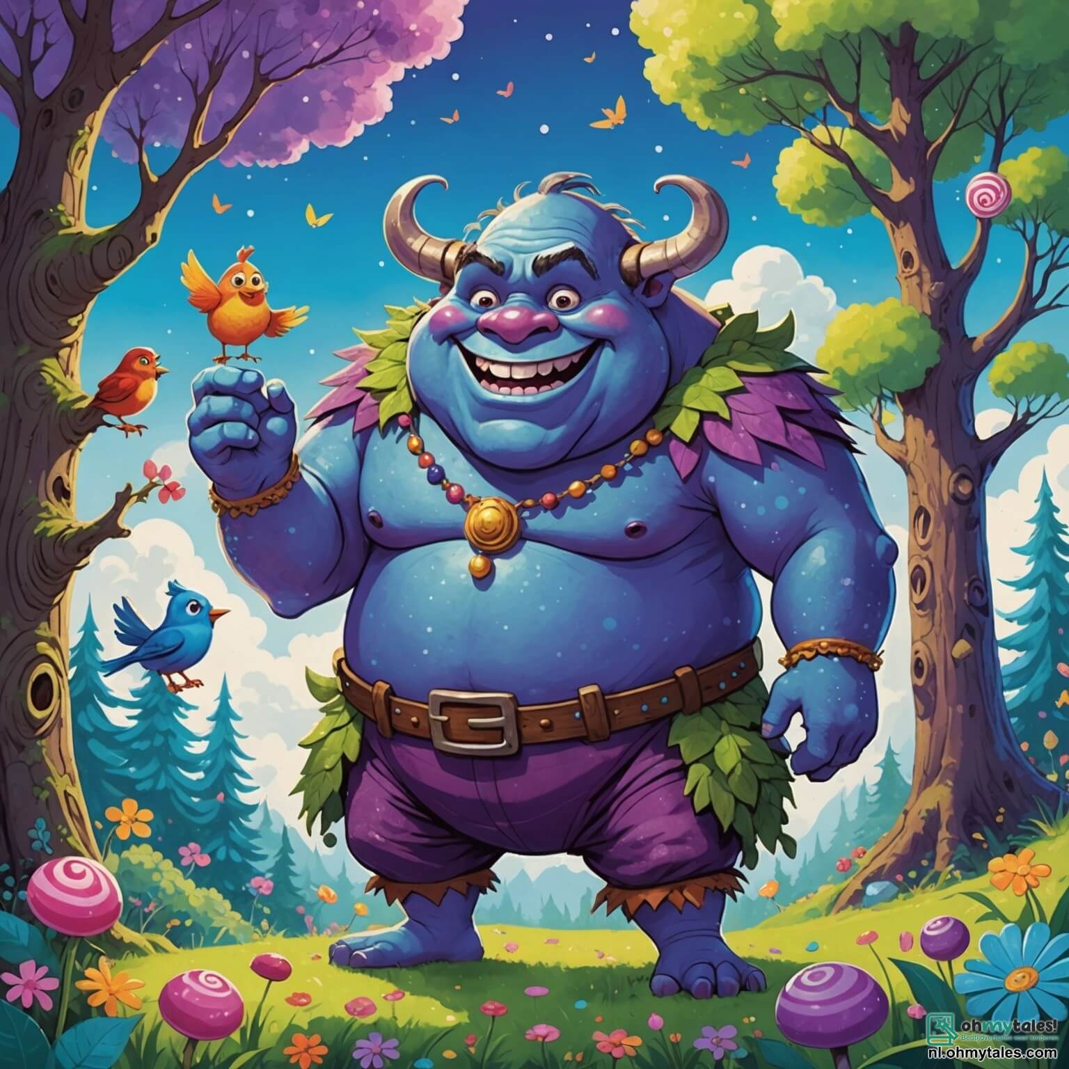 Une illustration destinée aux enfants représentant un ogre jovial au ventre rond et aux yeux pétillants de malice, se tenant au milieu d'une forêt enchantée où les arbres aux troncs violets s'élèvent vers un ciel azur parsemé de nuages en forme de bonbons, tandis qu'autour de lui dansent des fleurs chantantes aux couleurs éclatantes, et où sa meilleure amie, une petite oiselle aux plumes chatoyantes et à la voix mélodieuse, vole joyeusement en l'accompagnant dans sa quête pour retrouver une mystérieuse et délicieuse tarte en or, tout en croisant le chemin de petits ogres espiègles aux rires contagieux qui l'aident à surmonter les obstacles de cette aventure pleine de surprises et de rires.