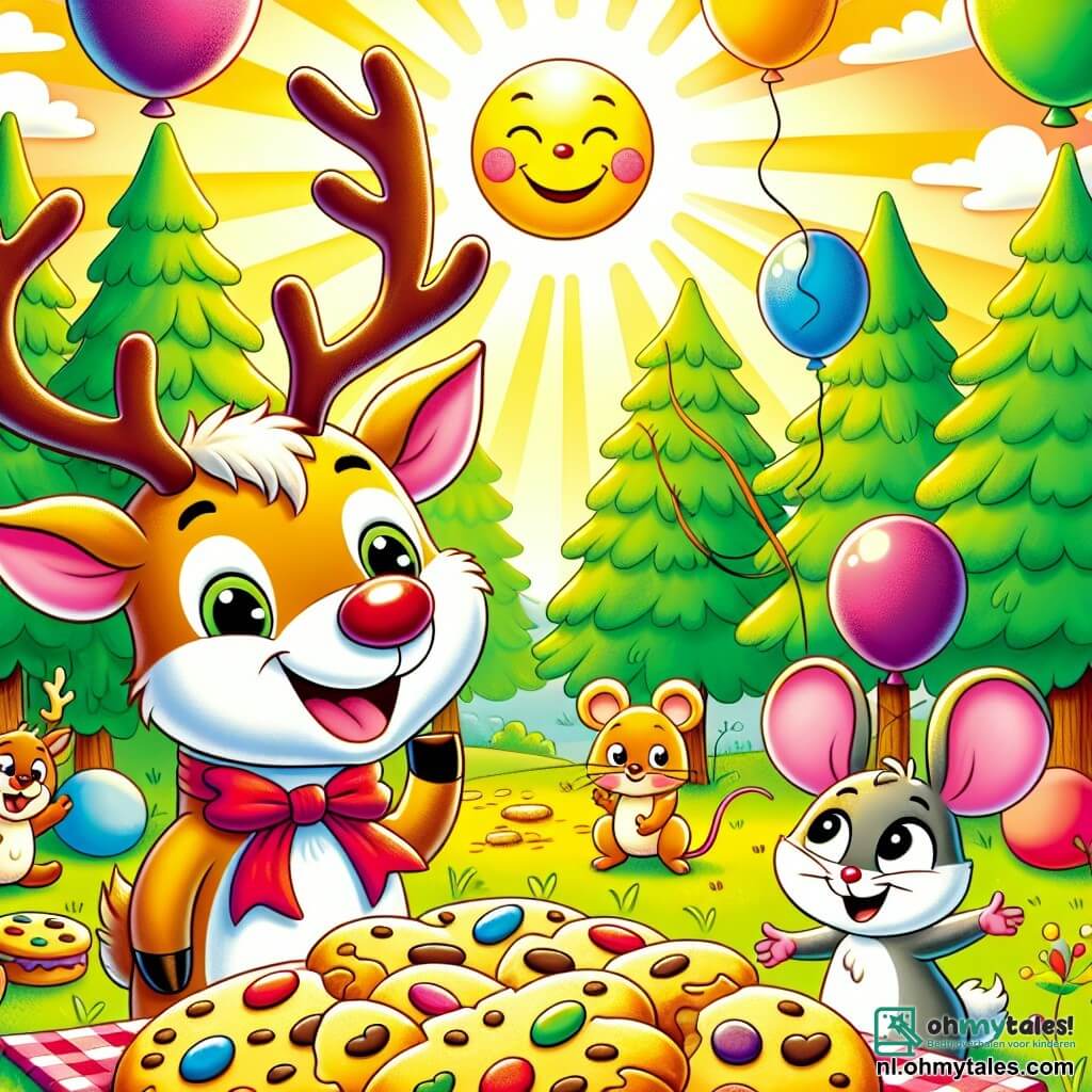 Une illustration sous forme de dessin destinée aux enfants représentant une clairière ensoleillée dans une forêt colorée, où un renne joyeux avec une grande cravate rouge et un sourire éclatant est entouré de ses amis : une petite souris aux yeux pétillants et un lapin aux grandes oreilles qui tiennent une pile de biscuits en forme de gâteau, tandis que des ballons colorés flottent dans l'air, illustrant la préparation d'une fête d'anniversaire pleine de rires et de joie.