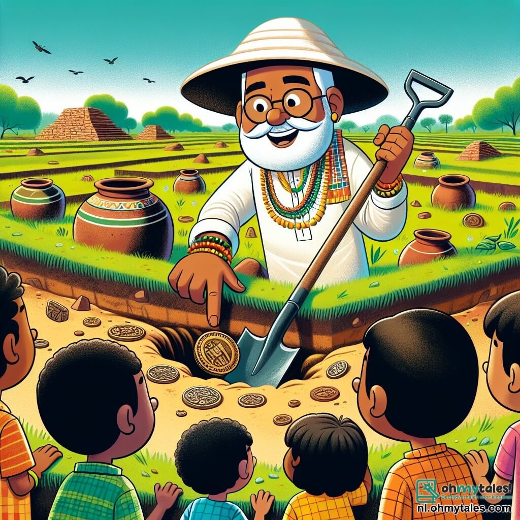 Une illustration sous forme de dessin destinée aux enfants représentant un vaste champ verdoyant en Inde, avec un homme joyeux portant une grande chapeau blanc et une chemise à carreaux, en train de creuser le sol avec une pelle, tandis qu'un groupe d'enfants curieux aux cheveux bruns et noirs, habillés de vêtements colorés, l'observe avec émerveillement, alors qu'il découvre une ancienne pièce de monnaie brillante, entouré de pots en terre cuite et de fragments de murs, symbolisant l'excitation et la magie de l'archéologie.