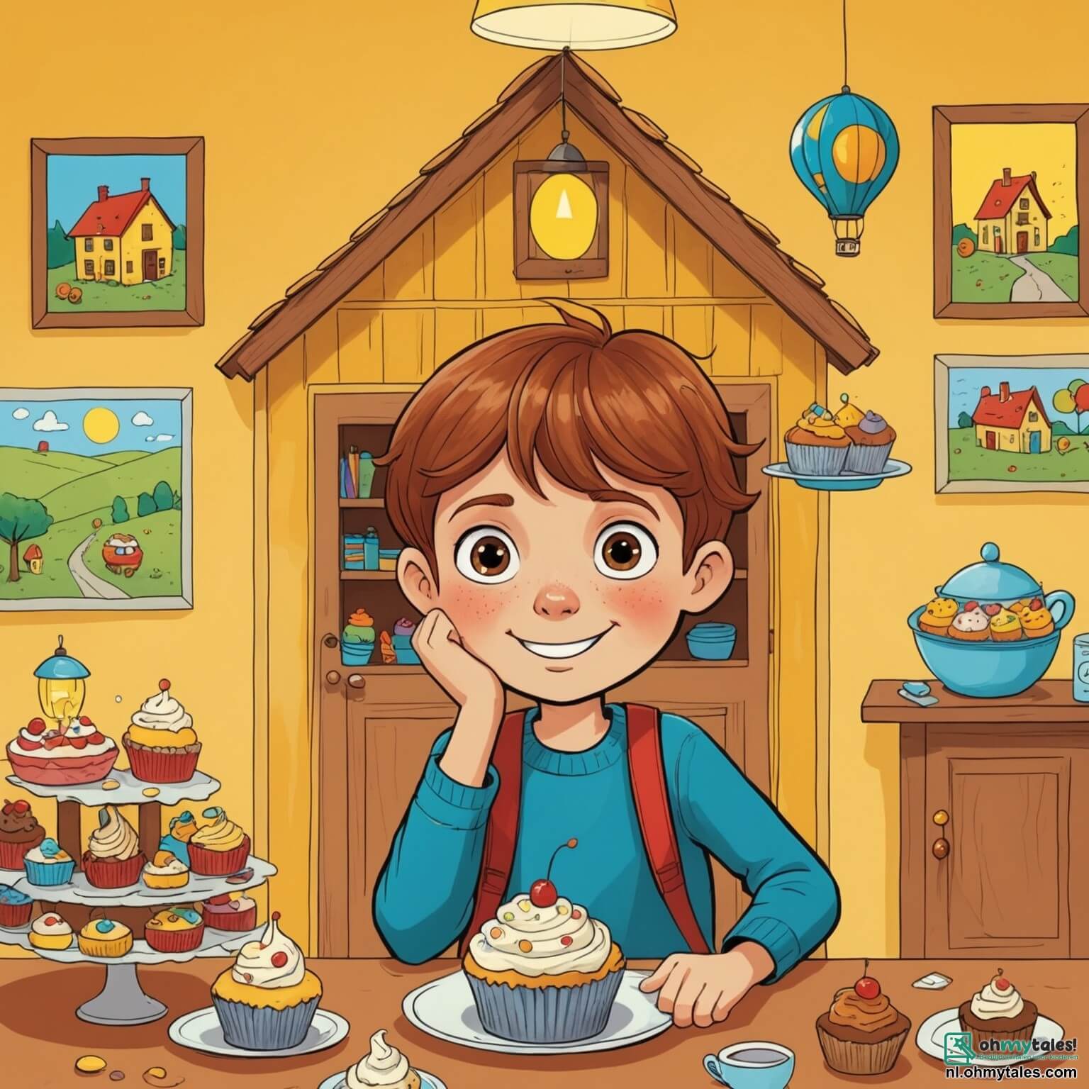 Une illustration destinée aux enfants représentant un garçon aux cheveux châtains et aux yeux pétillants, qui se retrouve dans une petite maison chaleureuse aux murs jaunes, ornée de dessins colorés accrochés aux murs, où il se sent un peu triste et fatigué à cause d'une maladie passagère, entouré de sa maman bienveillante, d'une petite fille pleine de vie qui lui rend visite avec un grand sourire et des cupcakes faits maison, et de son ami espiègle qui l'encourage à rêver d'aventures tout en jouant dans le jardin fleuri, où les papillons dansent autour des fleurs multicolores sous un ciel bleu éclatant.