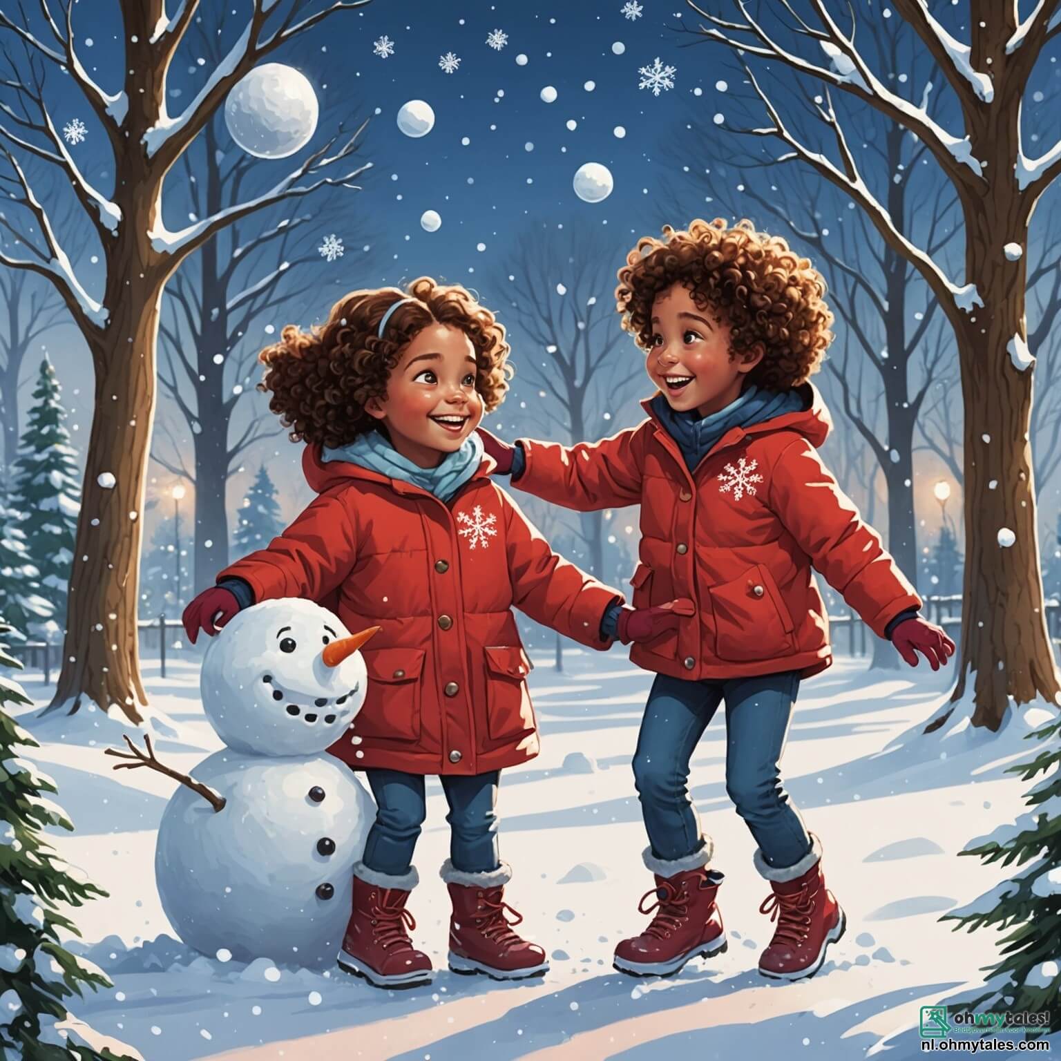 Une illustration destinée aux enfants représentant une petite fille aux cheveux bouclés, vêtue d'une épaisse veste rouge ornée de flocons de neige, qui, dans un parc féerique où les arbres sont drapés de neige scintillante et le sol est recouvert d'une douce couche blanche, s'amuse à construire une immense neigeuse avec son meilleur ami, un garçon aux yeux pétillants, tout en riant et en lançant des boules de neige, entourés d'autres enfants joyeux, tandis que le ciel d'un bleu éclatant laisse entrevoir le soleil d'hiver qui illumine leur journée magique.