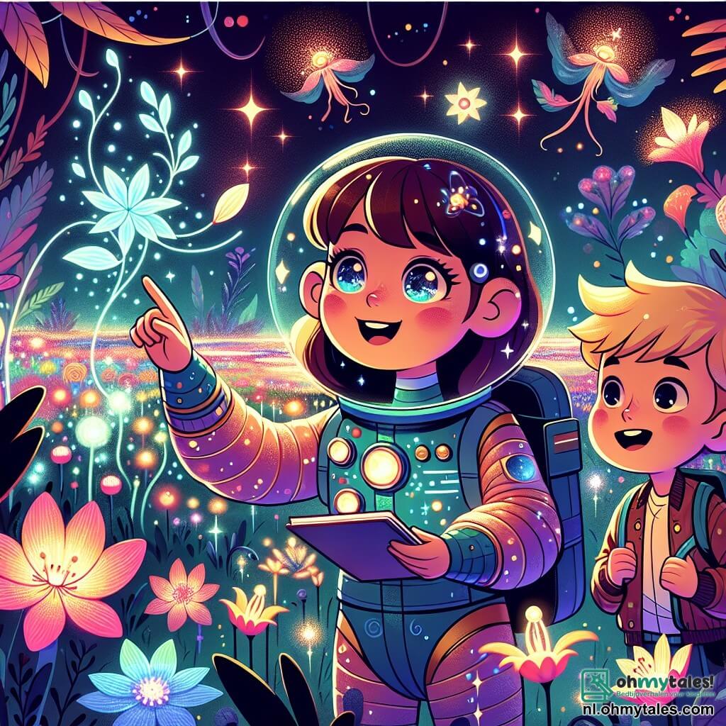 Une illustration sous forme de dessin destinée aux enfants représentant un paysage coloré et féérique de la planète Nova, avec des fleurs brillantes et des plantes dansantes, où une jeune femme astronaute aux cheveux bruns et aux yeux pétillants, vêtue d'une combinaison spatiale étincelante, explore joyeusement le terrain tout en tenant un notepad, à ses côtés un garçon aux cheveux blonds et aux yeux curieux, souriant et en train de toucher une plante qui émet des sons mélodieux, illustrant leur découverte d'une nouvelle planète pleine de magie et d'aventures.