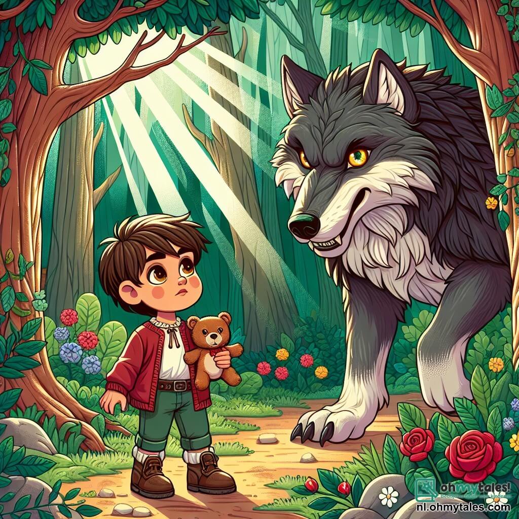 Une illustration sous forme de dessin destinée aux enfants représentant une scène dans une forêt enchantée, avec de grands arbres aux feuilles vertes et des fleurs colorées, où un garçon de 5 ans aux cheveux bruns et aux yeux pétillants, tenant une petite peluche en forme d'ours, fait face à un grand loup aux yeux brillants et à la fourrure sombre, qui semble à la fois menaçant et intrigué, alors qu'ils se défient dans un jeu de devinettes, symbolisant la bravoure et l'amitié naissante entre eux, avec des rayons de soleil filtrant à travers les branches, créant une atmosphère magique et pleine de suspense.