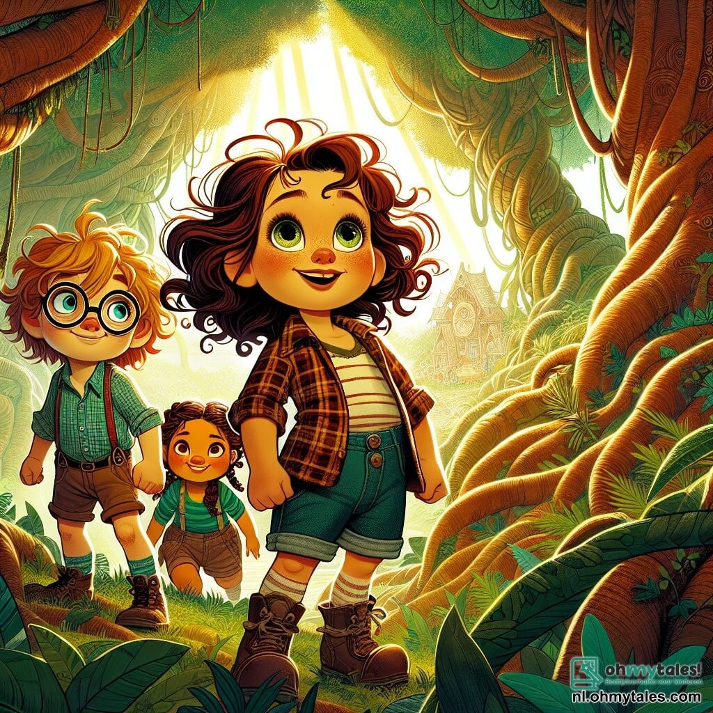 Une illustration destinée aux enfants représentant une petite fille aux cheveux bouclés et aux yeux pétillants, vêtue d'une chemise à carreaux et d'un short en denim, se tenant courageusement au bord d'une jungle luxuriante où les arbres géants aux troncs noueux s'élèvent vers le ciel, leurs feuilles vertes formant un toit épais qui filtre la lumière du soleil en éclats dorés, tandis qu'elle se prépare à partir à l'aventure avec ses deux amis, un garçon aux lunettes rondes et un sourire malicieux, toujours prêt à résoudre des énigmes, et une fille joyeuse aux cheveux tressés qui adore les animaux, tous trois unis par leur désir de découvrir un ancien village caché rempli de mystères et de trésors, tout en surmontant les peurs et en apprenant la valeur de l'amitié dans ce monde sauvage et enchanteur.
