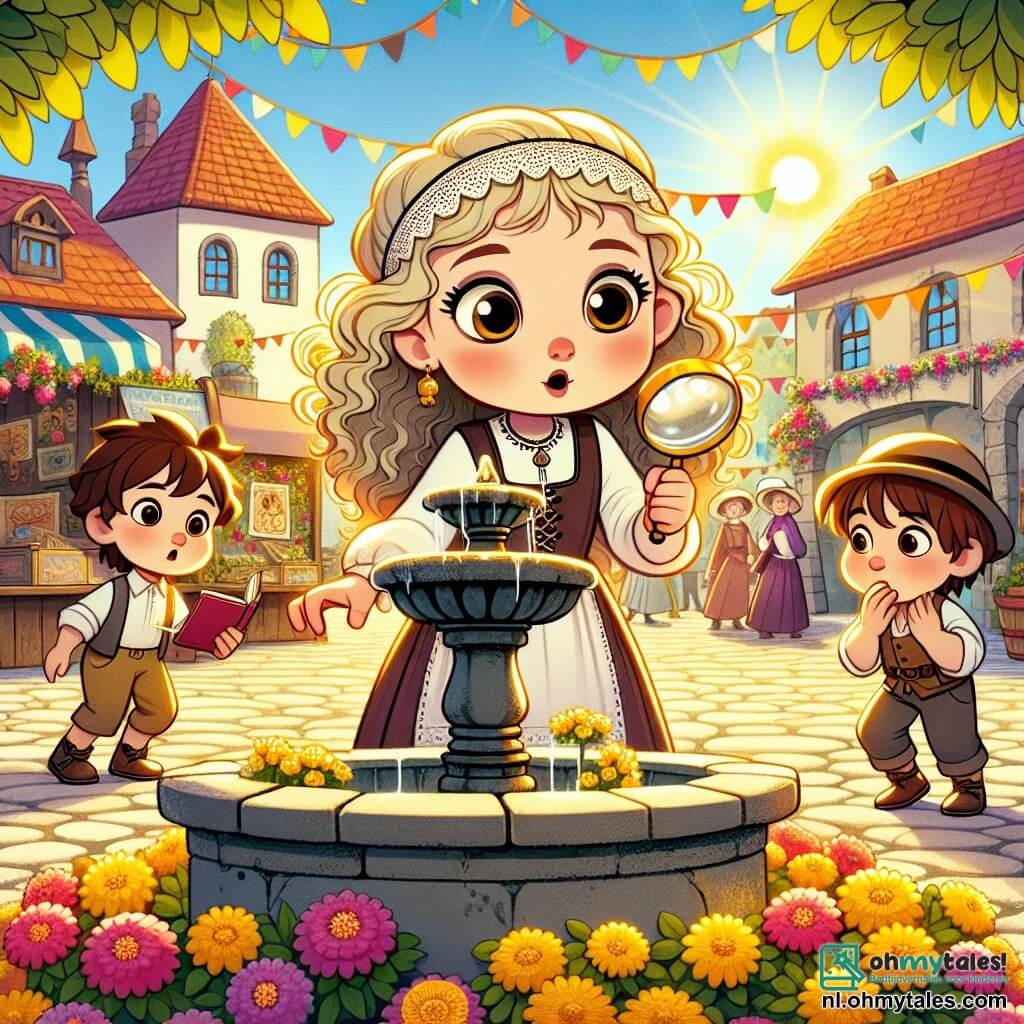 Une illustration sous forme de dessin destinée aux enfants représentant une scène animée sur une place de village ensoleillée, avec une petite fille de 7 ans aux cheveux bouclés et blonds, portant une loupe dans une main et un carnet dans l'autre, en train d'examiner une vieille fontaine ornée de fleurs colorées, tandis que deux de ses amis, un garçon aux cheveux bruns et une fille aux cheveux châtains, l'observent avec curiosité, tous trois cherchant des indices pour résoudre le mystère du médaillon disparu, entourés de décorations festives et de stands de fête.