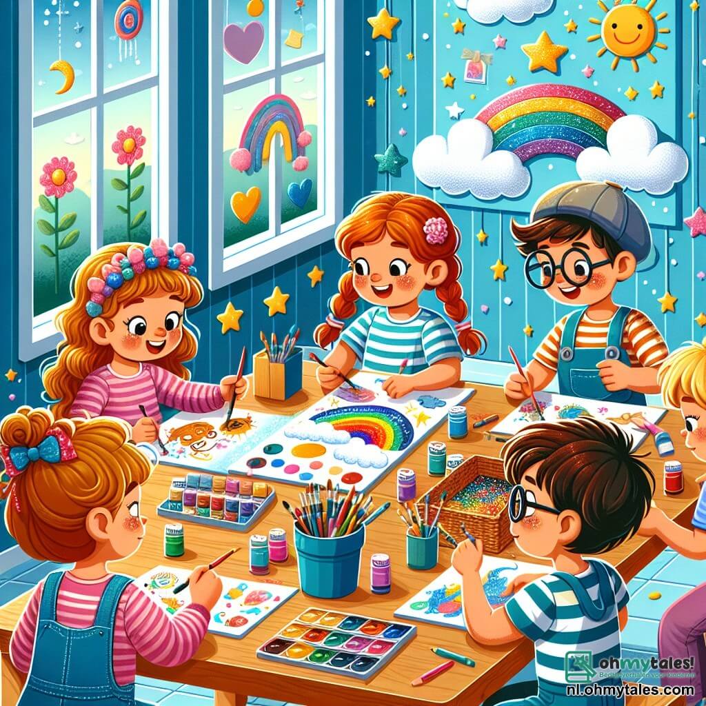 Illustratie van een heldere en kleurrijke speelkamer in een ziekenhuis, met muren geschilderd in luchtblauw en versieringen van wolken en sterren. In het midden staat een groep van vijf kinderen rond een grote houten tafel, bedekt met kunstbenodigdheden: verf, kwasten, gekleurd papier en glinsterende glitter. Onder hen helpt een meisje van ongeveer 8 jaar met lange rode vlechten, glimlachend en vol energie, een 9-jarige jongen met een bril en een gestreept t-shirt om een groot schilderij te maken. Naast hen is een ander meisje van 7 jaar met krullend bruin haar geconcentreerd bezig met een tekening met kleurpotloden, terwijl een 10-jarige jongen met kort haar en een pet een kleine tekenwedstrijd organiseert met de kinderen om hen heen. Tot slot leest een 9-jarig meisje met een zachte glimlach en een bril een verhaal voor aan een groep aandachtige kinderen. De scène straalt vreugde en creativiteit uit, en illustreert een moment van delen en steun tussen de kinderen, die allemaal betrokken zijn bij artistieke activiteiten om wat geluk te brengen aan zieke kinderen. Gelach en levendige kleuren vullen de lucht, wat hoop en kameraadschap symboliseert.