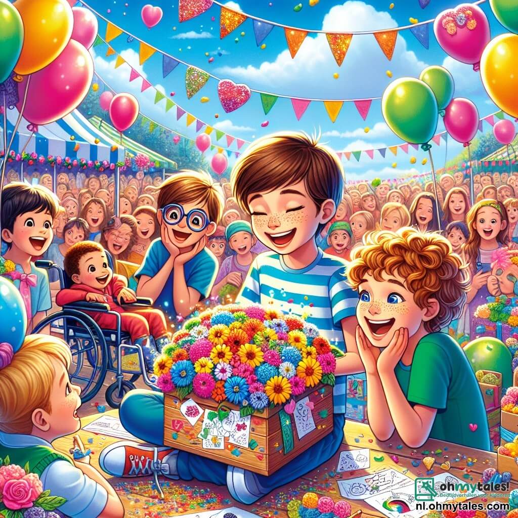 Illustratie van een kleurrijk buitenfeest, met stands versierd met ballonnen en bloemenkransen, onder een blauwe lucht met witte wolken. In het midden staat een groep van drie jongens, ongeveer negen jaar oud, vrolijk rond een kleine houten doos versierd met levendige schilderijen en glinsterende glitter. Een van de jongens, met bruin haar en een bril, lacht breed terwijl hij een mooie gekleurde bloem vasthoudt, terwijl een ander, met blond en krullend haar, opgewonden naar de open doos kijkt. De derde jongen, die in een rolstoel zit, heeft kastanjebruin haar en een grote glimlach, terwijl hij een brief vasthoudt die versierd is met tekeningen. Op de achtergrond kijken verwonderde moeders naar hun kinderen met blije en emotionele gezichten, sommigen met bloemen en handgemaakte kaarten. De sfeer is feestelijk, vol gelach en levendige kleuren, wat de liefde en viering van Moederdag symboliseert.