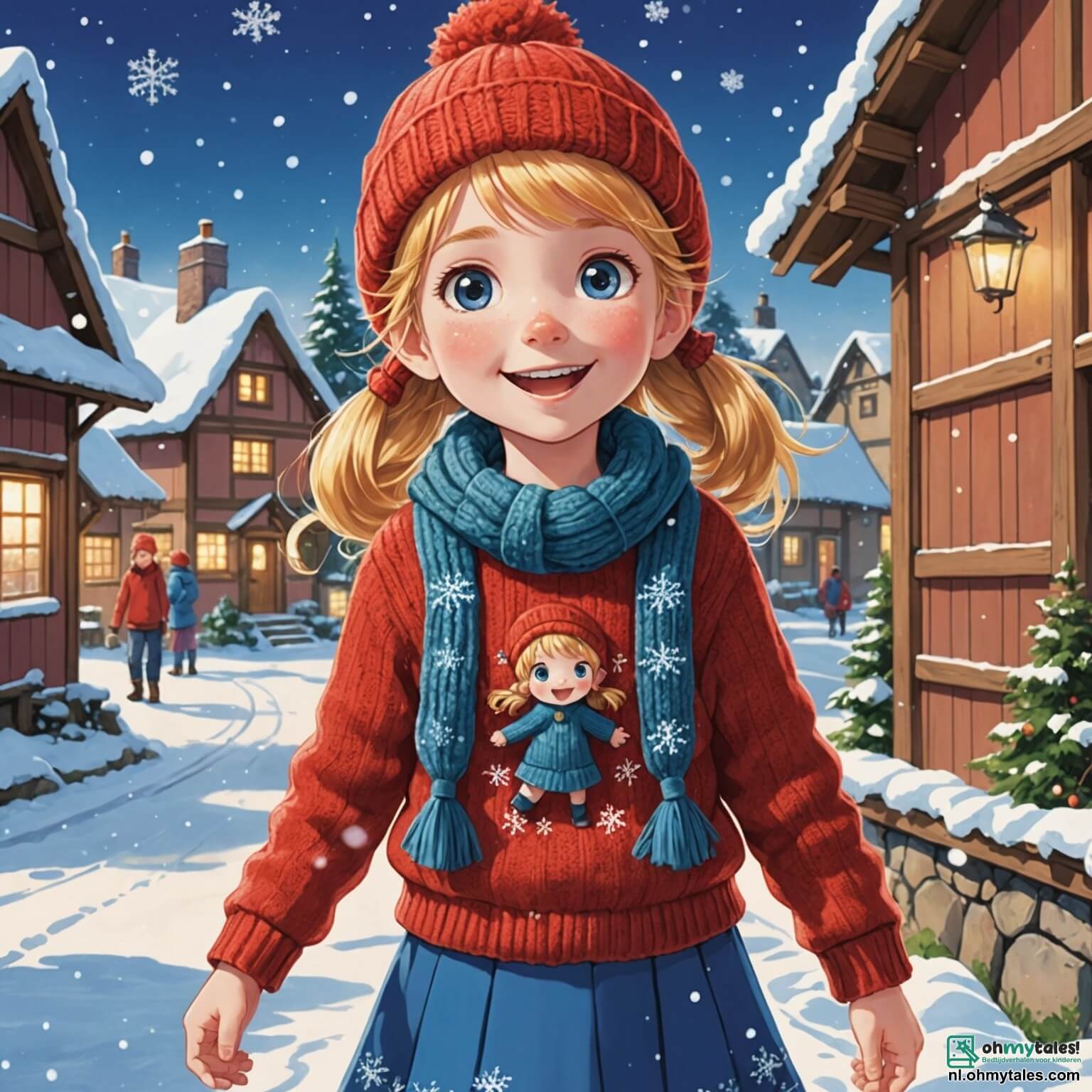Une illustration destinée aux enfants représentant une petite fille aux yeux pétillants et aux cheveux dorés, vêtue d'un pull rouge tricoté à la main, se tenant joyeusement au milieu d'un village enneigé où les flocons de neige dansent dans l'air frais, entourée de ses amis, un garçon espiègle à la casquette bleue et une fille rieuse avec des couettes, tous deux impatients de découvrir les secrets cachés sous le grand sapin illuminé de guirlandes scintillantes et de boules colorées, alors qu'ils s'apprêtent à organiser une merveilleuse fête de Noël pour partager des cadeaux et des rires avec les habitants du village, dont les maisons aux toits enneigés et aux fenêtres décorées de lumières créent une atmosphère chaleureuse et magique.