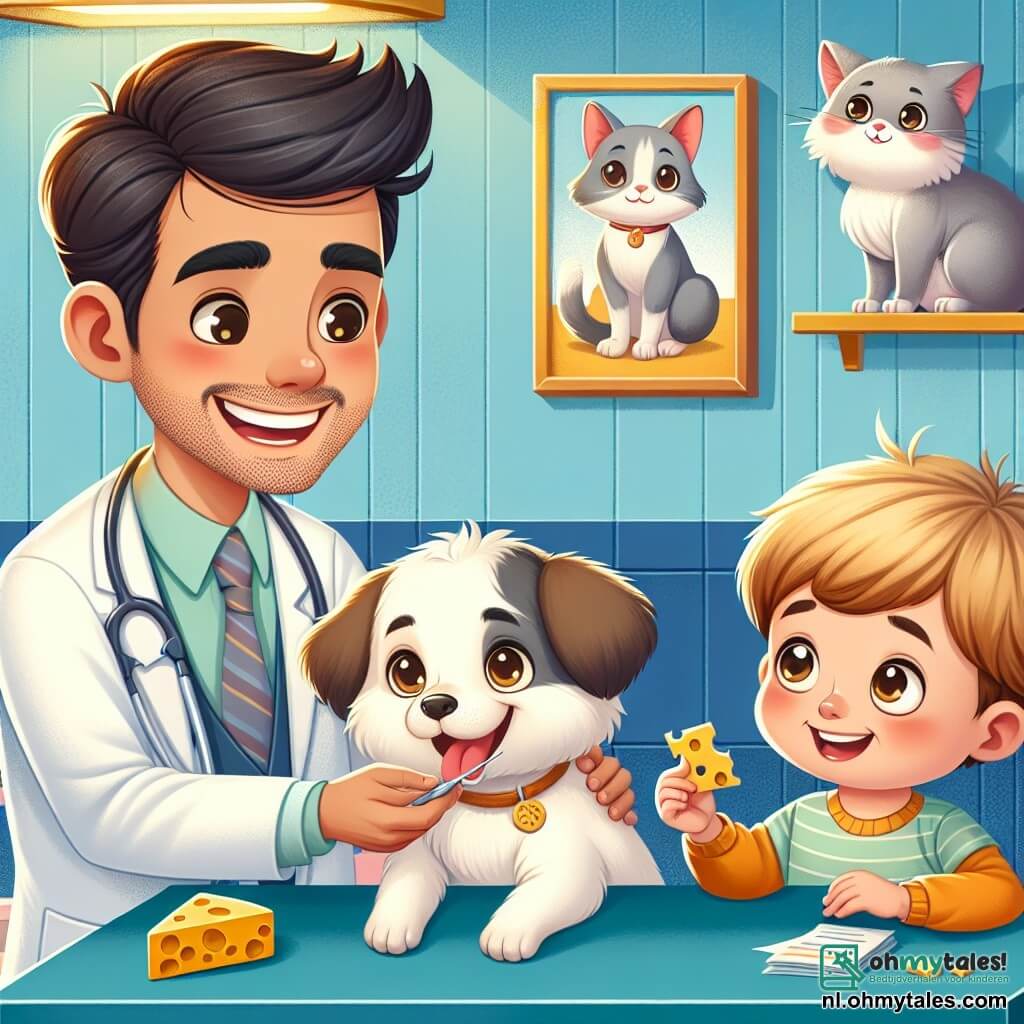 Une illustration sous forme de dessin destinée aux enfants représentant une clinique vétérinaire colorée avec des murs peints en bleu et jaune, où un homme souriant aux cheveux bruns et à la blouse blanche examine attentivement un petit chien aux yeux pétillants, tandis qu'un garçon de cinq ans, avec des cheveux blonds et une grande curiosité, tient un morceau de fromage pour apaiser le chien, et une vieille chatte grise, Minoes, observe la scène depuis une table d'examen, créant une atmosphère chaleureuse et amicale où l'amour des animaux est au cœur de l'action.