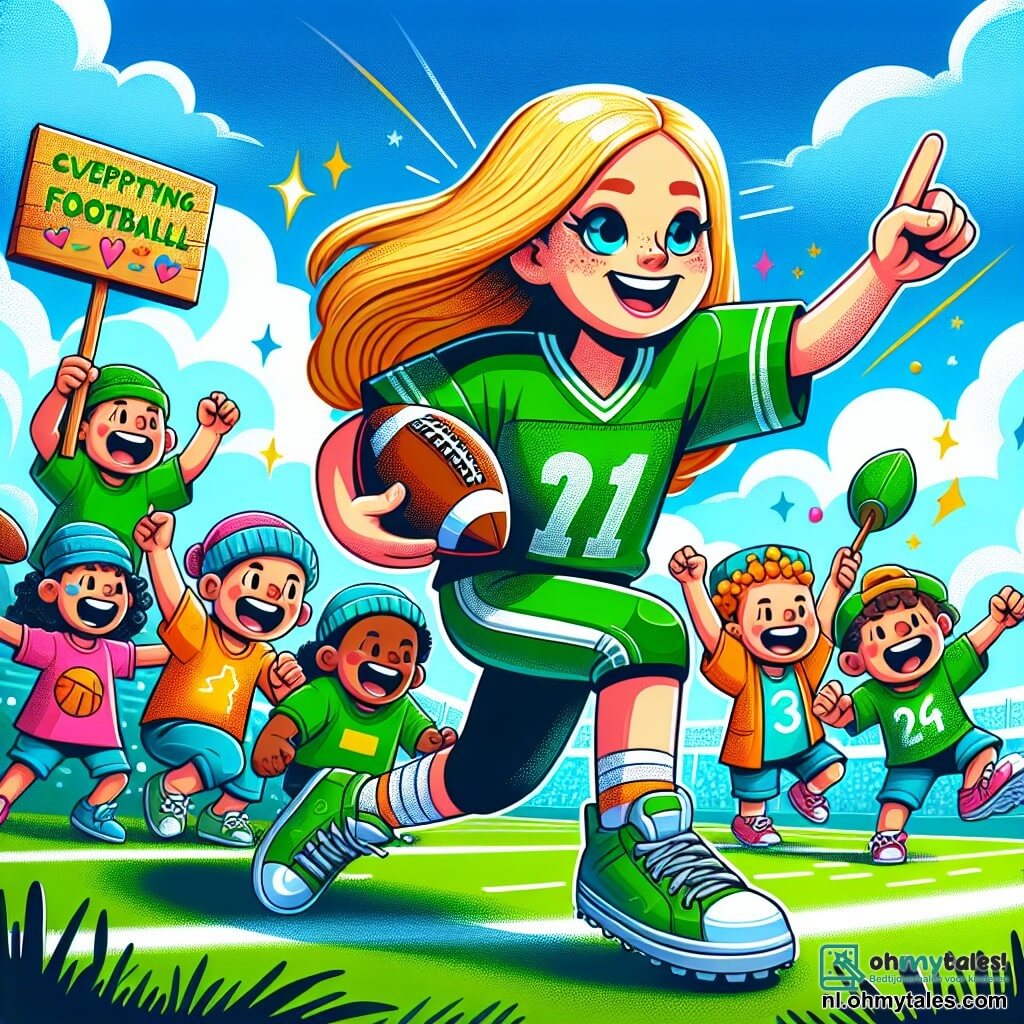 Une illustration sous forme de dessin destinée aux enfants représentant un terrain de football verdoyant sous un ciel bleu éclatant, avec une femme aux longs cheveux dorés, souriante et vêtue d'un maillot vert vif, dribblant habilement un ballon de football, tandis qu'un groupe de garçons aux visages joyeux et aux vêtements colorés l'encourage en levant des pancartes faites à la main, capturant l'esprit de camaraderie et de passion pour le sport dans une scène pleine d'énergie et de bonheur.