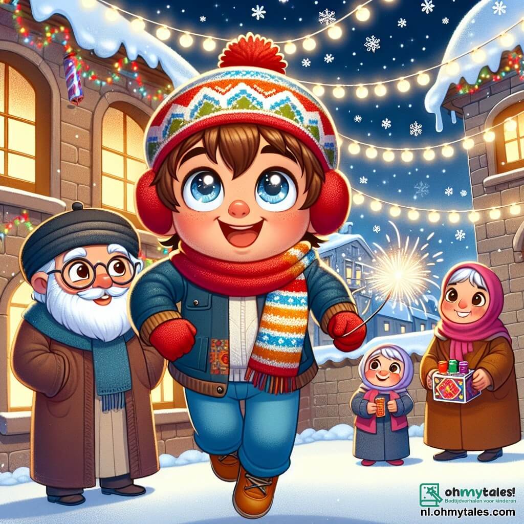 Une illustration sous forme de dessin destinée aux enfants représentant un charmant village enneigé décoré pour la fête du Nouvel An, avec un garçon de 7 ans aux cheveux châtains et aux yeux pétillants, portant un bonnet rouge et un écharpe colorée, qui saute de joie en tenant une petite boîte de feux d'artifice, tandis que ses grands-parents, une femme âgée avec des lunettes et un pull tricoté, et un homme avec une barbe blanche et un chapeau de fête, l'observent avec des sourires amusés, tous réunis sur la place du village illuminée par des guirlandes scintillantes et entourée de flocons de neige tombant doucement.