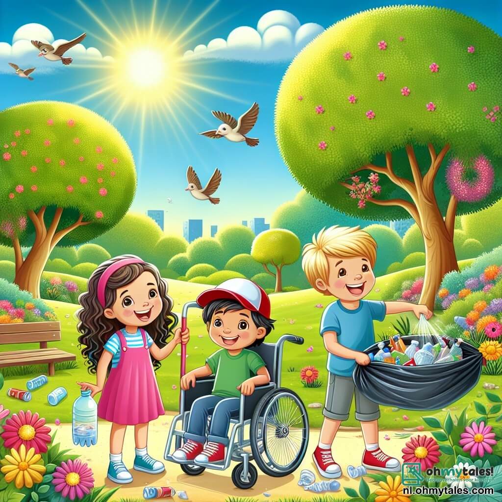 Illustratie van een zonnig park, vol weelderig groen, met grote bomen met stralende bladeren en kleurrijke bloemen die dansen in de lichte bries. Op de voorgrond is een groep van drie kinderen bezig met het opruimen van afval. Een meisje van ongeveer 8 jaar, met lange krullende haren en een roze jurk, glimlacht vrolijk terwijl ze een plastic fles vasthoudt. Naast haar lacht een jongen van ongeveer 9 jaar, met een rode pet en een blauwe t-shirt, terwijl hij een vuilniszak vol afval vasthoudt. Ten slotte heeft een jongen van ongeveer 10 jaar, zittend in een rolstoel, een grote glimlach op zijn gezicht en houdt hij een bloemknop omhoog die hij aan zijn vrienden laat zien. Op de achtergrond zingen vogels in de bomen en een stralende blauwe lucht voegt een vleugje vreugde toe aan de scène. Elementen zoals plastic bekers en gekreukt papier liggen verspreid over de grond, wat het belang van hun opruimmissie benadrukt.