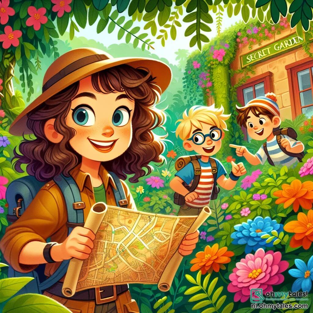 Une illustration sous forme de dessin destinée aux enfants représentant une magnifique et colorée jardin secret, rempli de fleurs éclatantes et de plantes grimpantes, où une jeune femme aux cheveux bruns et bouclés, vêtue d'une tenue d'exploratrice avec un chapeau et un sac à dos, tient une vieille carte avec un sourire d'excitation, tandis qu'à ses côtés, un garçon aux lunettes et un t-shirt rayé observe avec curiosité, et un autre garçon aux cheveux blonds et un air malicieux semble vouloir les interrompre, alors qu'ils se préparent à découvrir un passage secret menant à une aventure magique.