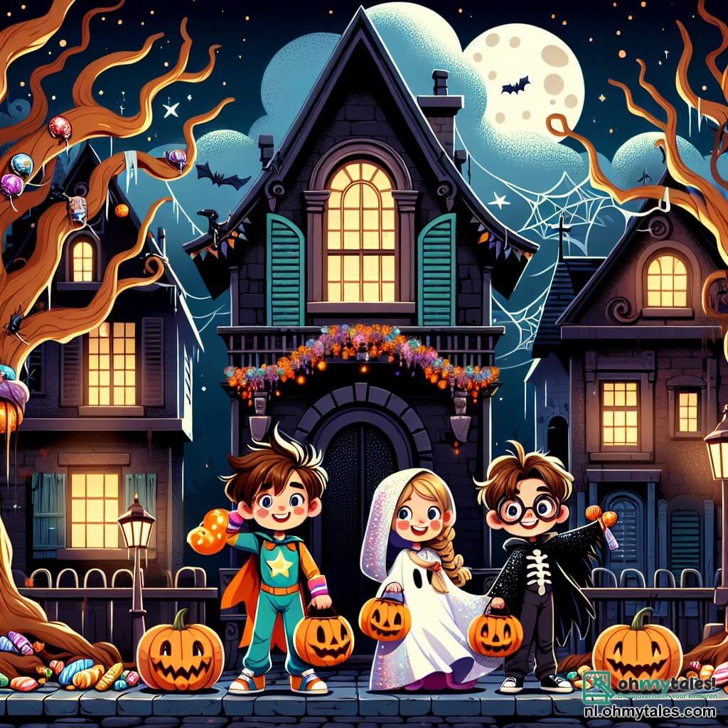 Illustratie van een Halloween-scène in een oude mysterieuze wijk. De huizen zijn hoog en donker, met krakende houten luiken en spinnenwebben aan de ramen. De bomen met gouden en roestige bladeren staan rechtop, hun kromme takken lijken te dansen in de nachtelijke wind. Op de voorgrond staat een tienjarig jongetje met rommelig bruin haar en een grote glimlach, gekleed in een kleurrijk superheldenkostuum. Naast hem staat een tienermeisje met gevlochten blond haar en een zwarte heksenkostuum versierd met glitters, dat nieuwsgierig kijkt. Een andere tienjarige jongen met ronde bril en een spookkostuum van witte lakens lacht terwijl hij een grote tas vol snoep vasthoudt. De scène toont de drie vrienden voor een deur versierd met een grote glimlachende pompoen, klaar om aan te kloppen en de verrassingen van de nacht te ontdekken. Sterren schitteren aan de hemel en een volle maan verlicht het pad, wat een magische sfeer toevoegt. Kleurige snoepjes liggen verspreid om hen heen, en een lichte mist omhult de grond, waardoor een feestelijke en mysterieuze ambiance ontstaat.