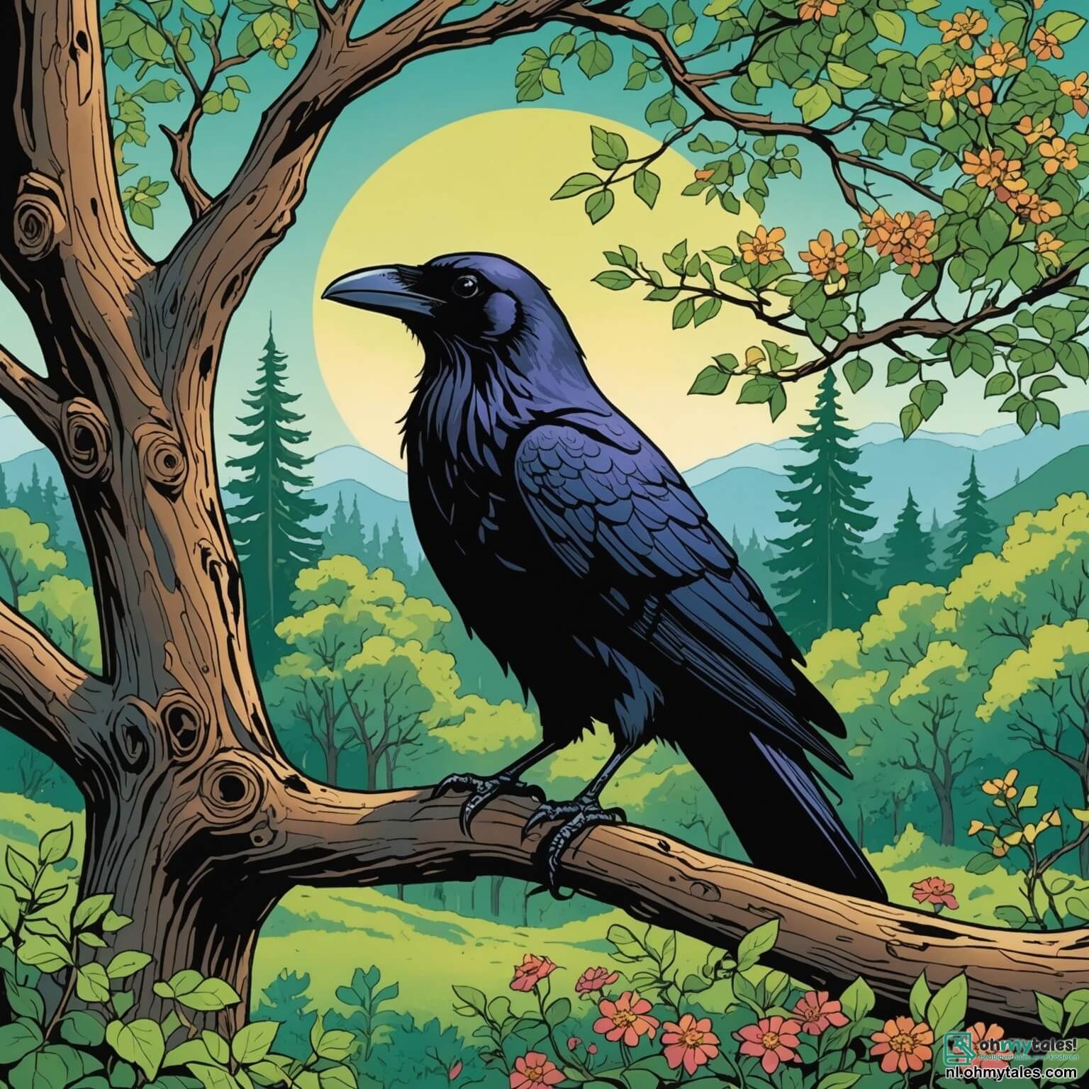 Une illustration destinée aux enfants représentant un corbeau au plumage noir éclatant, perché sur une branche noueuse d'un arbre majestueux aux feuilles vertes chatoyantes, surplombant une clairière ensoleillée où des fleurs multicolores dansent au gré du vent, alors qu'il observe avec curiosité un petit lapin aux grandes oreilles, triste et solitaire, caché sous un buisson fleuri, dans un magnifique bois rempli de chants d'oiseaux et de murmures de ruisseaux, où la magie de l'amitié et l'aventure les attendent au détour de chaque sentier.