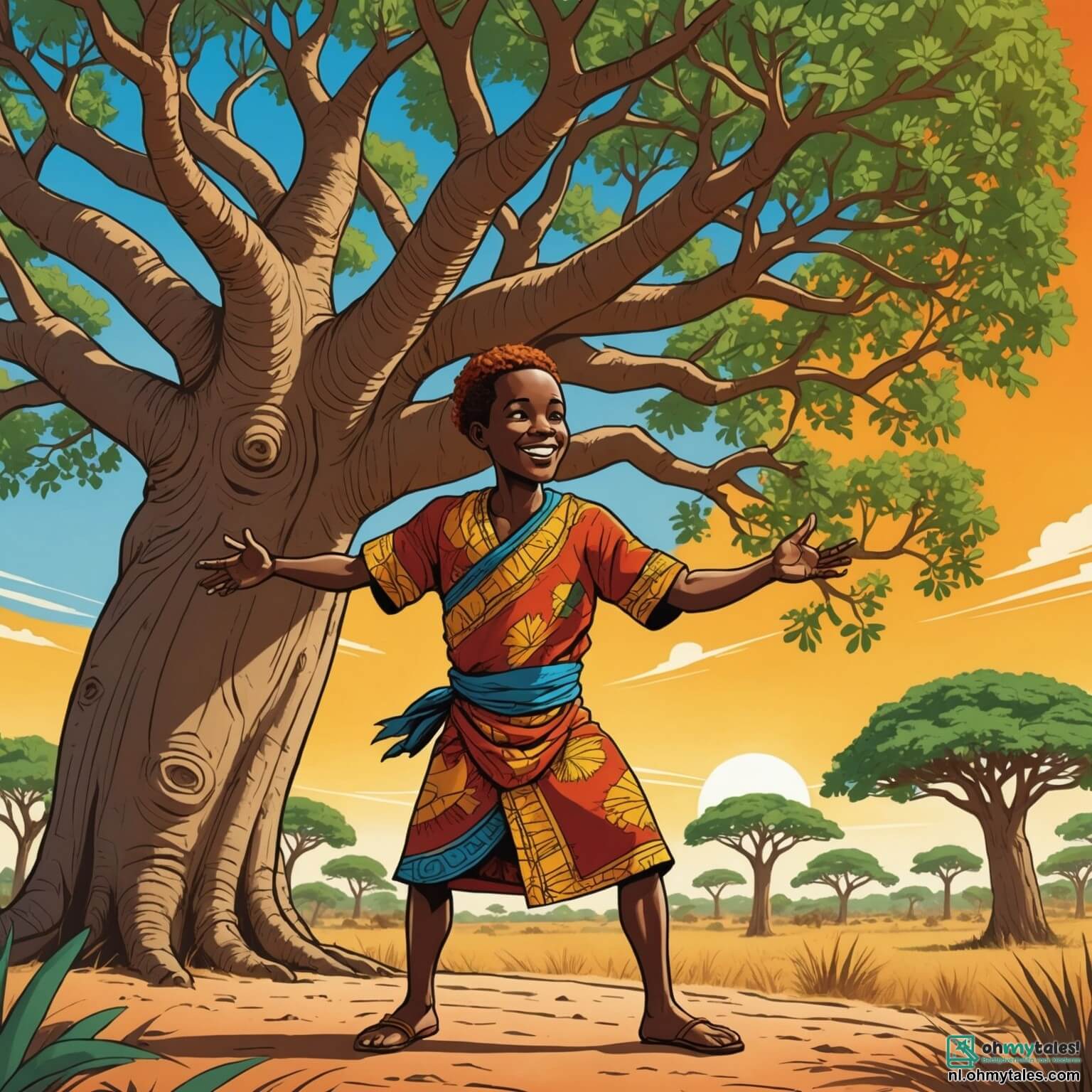 Une illustration destinée aux enfants représentant un homme au sourire éclatant, vêtu d'une kanga colorée qui danse au gré du vent chaud de la savanne, se tenant sous l'ombre protectrice d'un immense baobab aux branches étendues comme des bras accueillants, alors qu'il se prépare à défier un puissant guerrier à la stature imposante, dont les muscles saillants brillent sous le soleil éclatant, dans un village vibrant de couleurs et de rires, où les enfants, des garçons et des filles aux yeux pétillants, observent avec curiosité et admiration, tandis que les anciens, sages et respectés, se rassemblent autour pour témoigner de cette compétition qui mettra à l'épreuve non seulement la force physique, mais aussi l'intelligence et la ruse.