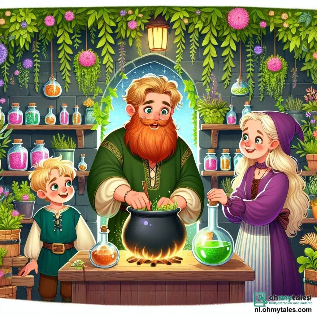 Une illustration sous forme de dessin destinée aux enfants représentant une charmante boutique de potions et de plantes, aux murs couverts de lianes vertes et de fleurs colorées, où un homme à la barbe rousse et aux yeux pétillants, vêtu d'une grande tunique verte, mélange des herbes dans un grand chaudron, tandis qu'un jeune garçon aux cheveux blonds et à la curiosité débordante observe avec émerveillement, et une vieille femme à la robe violette, avec un sourire bienveillant, leur montre des flacons scintillants, le tout dans une ambiance magique et chaleureuse, illustrant leur quête pour créer des élixirs extraordinaires.