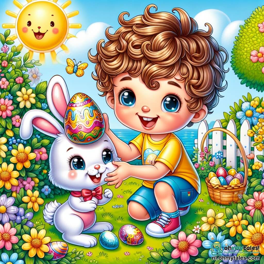 Une illustration sous forme de dessin destinée aux enfants représentant un jardin ensoleillé rempli de fleurs colorées et de décorations de Pâques, où un garçon de 5 ans aux cheveux bouclés et à la grande sourire, portant un t-shirt jaune et un short bleu, s'agenouille avec enthousiasme pour ramasser un œuf en chocolat brillant, tandis qu'un petit lapin blanc aux grandes oreilles et aux yeux pétillants, portant un nœud papillon rouge, l'observe joyeusement, le tout capturant l'excitation de la chasse aux œufs de Pâques.