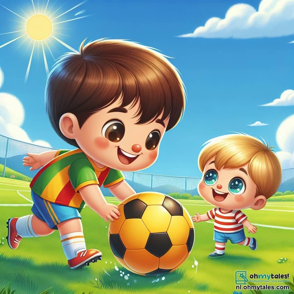Une illustration sous forme de dessin destinée aux enfants représentant un vaste terrain de football verdoyant sous un ciel bleu ensoleillé, avec un homme souriant aux cheveux bruns et courts, portant un maillot coloré et dribblant joyeusement un grand ballon jaune, tandis qu'un petit garçon aux yeux pétillants et aux cheveux blonds, vêtu d'un t-shirt rayé, l'observe avec admiration, les deux personnages partageant un moment de joie et d'amitié, symbolisant l'esprit du jeu et l'importance de travailler ensemble pour réaliser ses rêves.