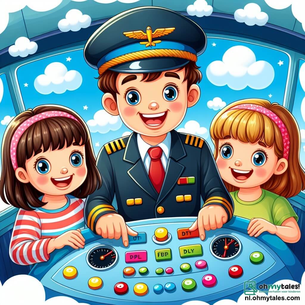 Une illustration sous forme de dessin destinée aux enfants représentant un cockpit d'avion lumineux et coloré, avec un homme souriant aux cheveux bruns et portant une casquette de pilote, qui montre avec enthousiasme les commandes à deux enfants : un garçon aux cheveux blonds, les yeux écarquillés d'émerveillement, et une fille aux cheveux châtains, souriante et curieuse, alors qu'ils s'apprêtent à décoller vers un ciel bleu parsemé de nuages moelleux, symbolisant l'aventure et la magie du vol.