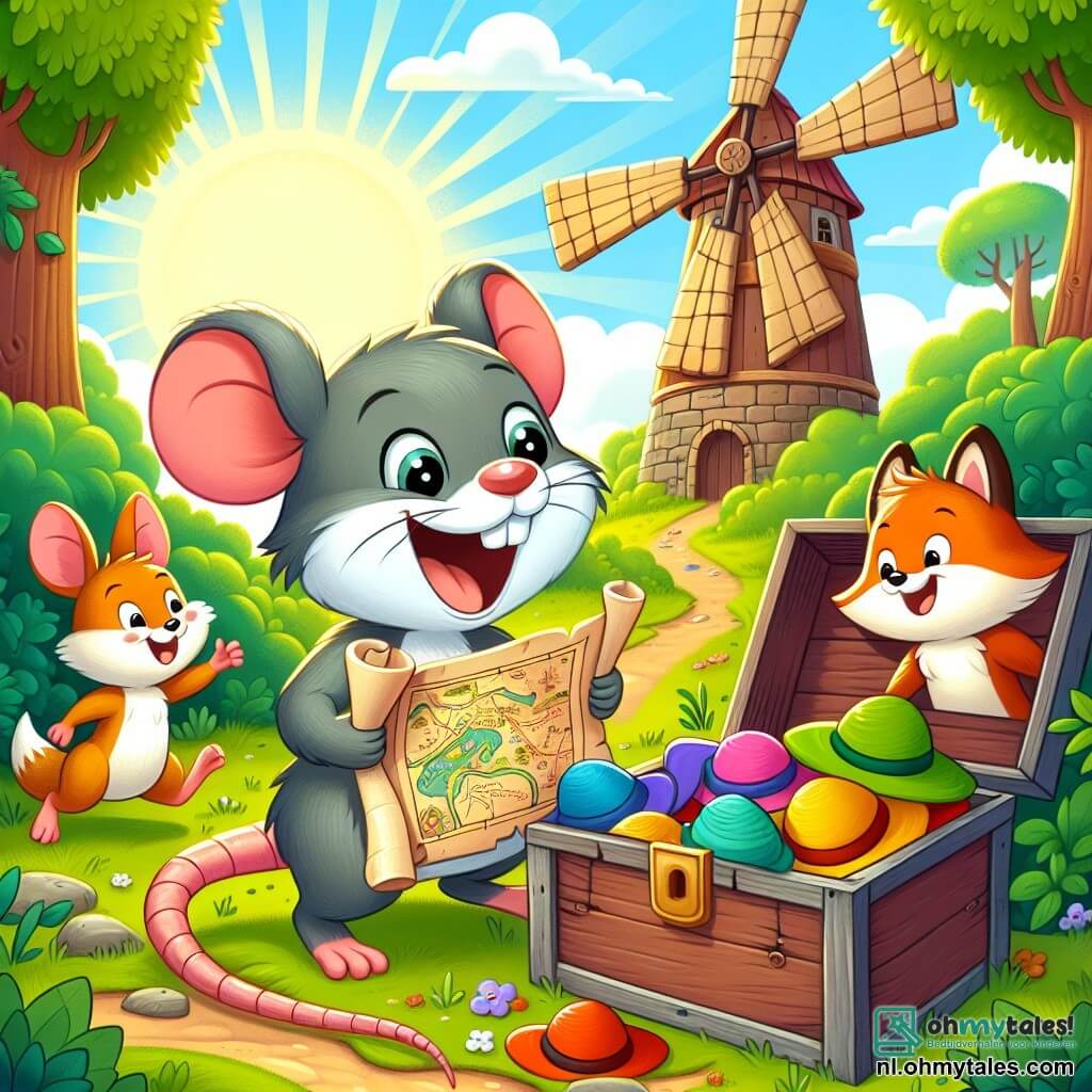 Une illustration sous forme de dessin destinée aux enfants représentant une scène ensoleillée dans une forêt verdoyante, où un petit rat à la fourrure grise et aux yeux pétillants tient une vieille carte au trésor, entouré de ses amis : un joyeux lapin aux grandes oreilles qui saute d'excitation, une renarde malicieuse avec une queue touffue qui sourit, et une écureuil espiègle portant une casquette, tous riant ensemble devant une vieille molen en bois, alors qu'ils découvrent une mystérieuse boîte remplie de chapeaux colorés, symbolisant leur aventure amusante et leur amitié.