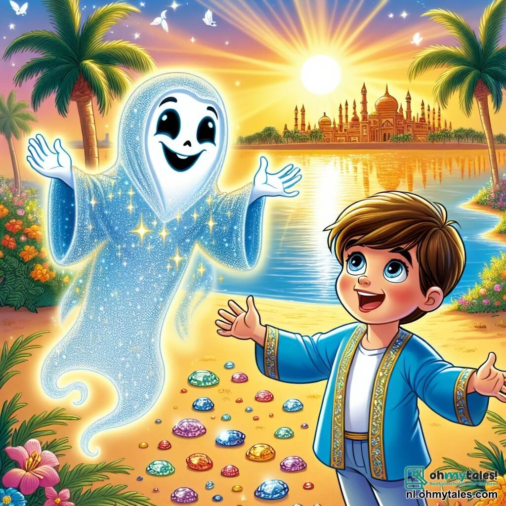 Illustratie van een prachtige betoverde oase, verlicht door het gouden licht van de ondergang. De palmbomen wiegen zachtjes in de wind en een helderblauw meer weerspiegelt de kleuren van de lucht. In het midden van deze scène verschijnt een vriendelijke geest, gekleed in een glinsterende doorschijnende jurk, die lichtjes boven de grond zweeft, met heldere ogen en een warme glimlach. Naast haar staat een jonge jongen van ongeveer acht jaar, met bruin haar en sprankelende ogen, die verwonderd toekijkt, met zijn armen wijd open alsof hij de magie om hem heen wil omarmen. De hoofdscène toont de geest die haar hand naar de jongen uitsteekt en hem een sprankje magisch licht aanbiedt, terwijl sterren beginnen te twinkelen aan de hemel. Kleurige bloemen en edelstenen liggen verspreid om hen heen, wat een vleugje feeërie aan deze betoverde scène toevoegt.