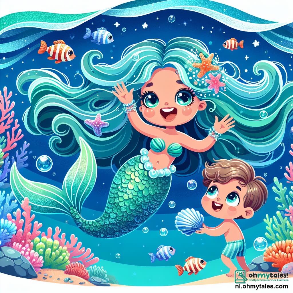 Une illustration sous forme de dessin destinée aux enfants représentant une magnifique baie cachée aux eaux turquoise, où une sirène aux longs cheveux ondulés de couleur bleu profond et une queue scintillante d'un vert émeraude chante joyeusement tout en tenant une Zilveren Schelp, entourée de poissons colorés et de coraux vibrants, tandis qu'un jeune garçon aux yeux pétillants et aux cheveux châtains, vêtu d'un maillot de bain, l'observe avec émerveillement, prêt à plonger dans l'aventure et à découvrir les secrets de la mer.