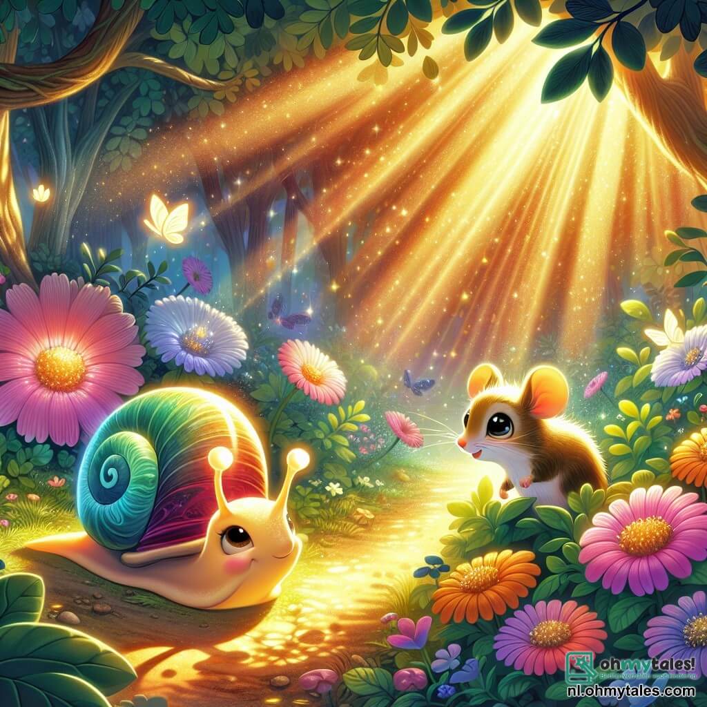 Illustratie van een prachtige geheime tuin, verlicht door gouden licht, waar kleurrijke bloemen zachtjes dansen in de bries. In het midden beweegt een slak met een glanzend lichaam en een delicaat gemarmerde spiraalschelp langzaam over een pad van aarde, terwijl zijn nieuwsgierige antennes naar de lucht reiken. Naast hem observeert een kleine muis met sprankelende ogen en zachte vacht, met een ondeugende blik, aandachtig haar vriend, klaar om hem te vergezellen op zijn avontuur. Samen ontdekken ze een magische bloem met stralende bloemblaadjes die een zachte gloed uitstraalt, terwijl een mysterieuze schaduw boven hen zweeft, wat een vleugje mysterie aan de scène toevoegt. Zonne-stralen filteren door de bladeren van de bomen, waardoor lichte patronen op de grond ontstaan, terwijl kleurrijke vlinders om hen heen fladderen, wat een betoverende sfeer aan deze ontmoeting geeft.