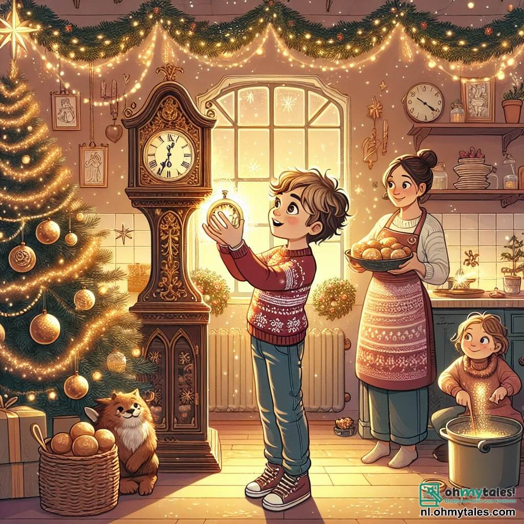 Illustratie van een warme woonkamer versierd voor Oud en Nieuw. De muren zijn versierd met fonkelende slingers en een grote antieke klok staat op een plank, omringd door dansende gouden lichtjes. In het midden staat een 11-jarig jongetje met krullend haar en sprankelende ogen op zijn tenen, reikend naar de oude klok. Hij draagt een rode trui met sneeuwvlokpatronen en een spijkerbroek. Om hem heen zijn verschillende familieleden aanwezig: een vrouw van in de dertig met kastanjebruin haar in een knot, die oliebollen in de keuken bereidt, en een man van in de veertig met een goed verzorgde baard, die de versieringen van de kerstboom in een hoek van de kamer aanpast. De scène vangt het moment waarop het jongetje de magie van de oude klok ontdekt, terwijl een zachte melodie door de kamer begint te weerklinken, de aandacht van iedereen trekt. Gouden lichtflitsen stralen van de klok, waardoor een feeërieke sfeer ontstaat, terwijl sneeuwvlokken zachtjes buiten voor het raam vallen, wat een winterse toets toevoegt aan deze vrolijke viering.