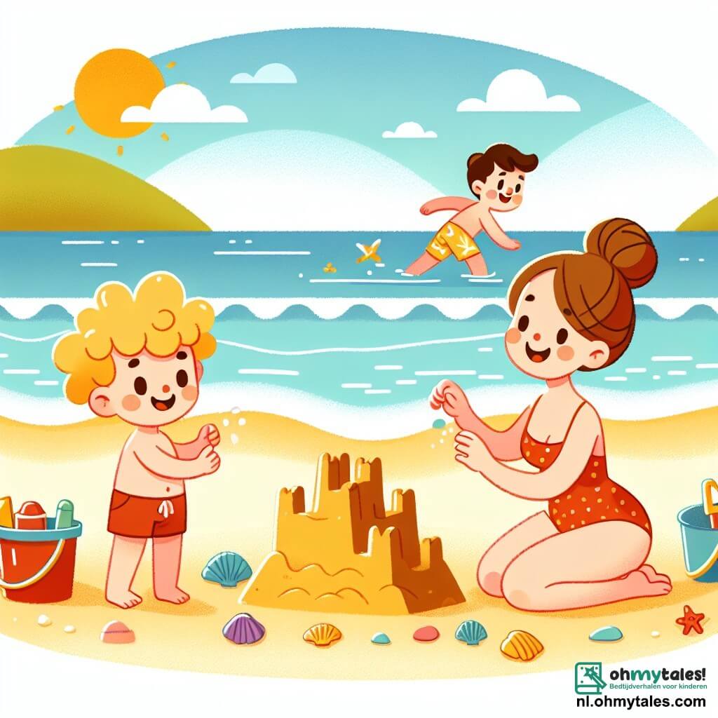 Une illustration sous forme de dessin destinée aux enfants représentant une plage ensoleillée avec du sable doré et des vagues douces, où un garçon de 3 ans aux cheveux blonds et bouclés, portant une petite combinaison de bain rouge, est en train de construire un château de sable avec des coquillages colorés, tandis que sa maman, une femme souriante aux cheveux bruns attachés en chignon, l'encourage joyeusement et son papa, un homme grand avec une barbe légère, joue dans l'eau à proximité, créant une scène de bonheur familial pendant leurs vacances d'été.