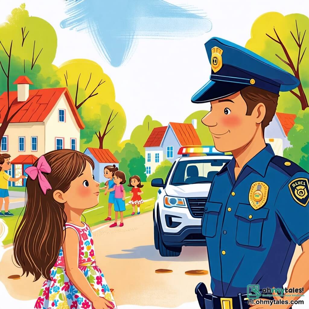 Une illustration sous forme de dessin destinée aux enfants représentant une rue animée d'une petite ville ensoleillée, avec un policier homme au sourire chaleureux, portant un uniforme bleu et un chapeau, qui parle joyeusement à une petite fille aux cheveux bruns et aux yeux pétillants, vêtue d'une robe colorée, alors qu'ils se tiennent près d'une voiture de police brillante, symbolisant la sécurité et l'entraide, tandis que des enfants jouent en arrière-plan, créant une atmosphère de camaraderie et de confiance.