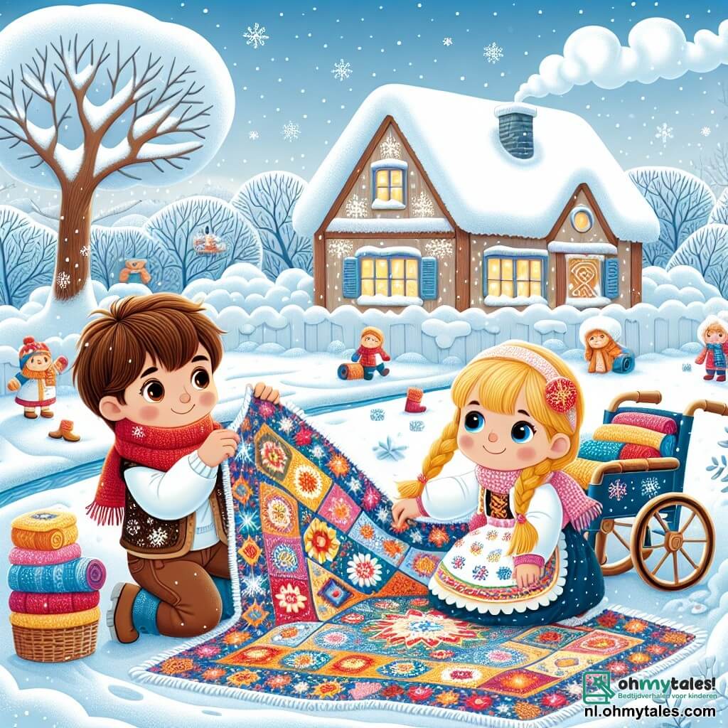 Illustratie van een wintertuin, bedekt met een dikke laag glinsterende sneeuw onder een heldere blauwe lucht. In het midden zijn twee jonge vrienden bezig de tuin voor de winter klaar te maken. Een jongen van ongeveer 6 jaar met bruin haar en sprankelende ogen staat naast een grote kleurige deken die hij op de grond uitspreidt. Naast hem zit een klein meisje van 5 jaar met blonde vlechten en een stralende glimlach in een mooie rolstoel versierd met vrolijke motieven. Ze kijkt enthousiast naar de jongen terwijl sneeuwvlokken zachtjes om hen heen vallen. Op de achtergrond staan kale bomen en voetsporen in de sneeuw leiden naar een klein warm huisje met rook die uit de schoorsteen komt. De sfeer is vrolijk en vol winterse magie.