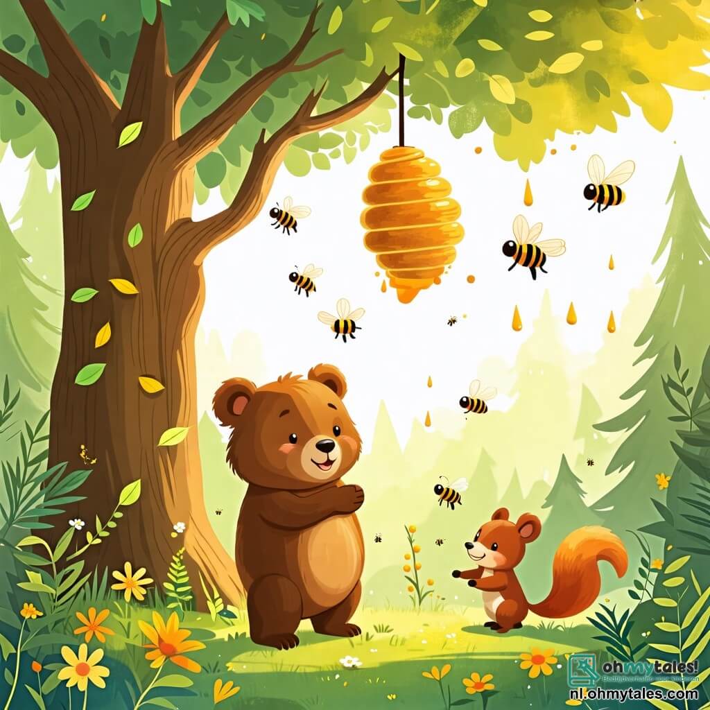 Une illustration sous forme de dessin destinée aux enfants représentant une clairière ensoleillée dans une forêt verdoyante, où un grand ours brun au pelage doux et soyeux, avec un sourire amical, se tient devant une ruche suspendue à un vieux chêne, tandis qu'une petite écureuil aux yeux pétillants et à la queue touffue observe avec curiosité, alors que des abeilles bourdonnent joyeusement autour d'eux, illustrant le moment où l'ours demande poliment aux abeilles s'il peut partager leur délicieuse miel.