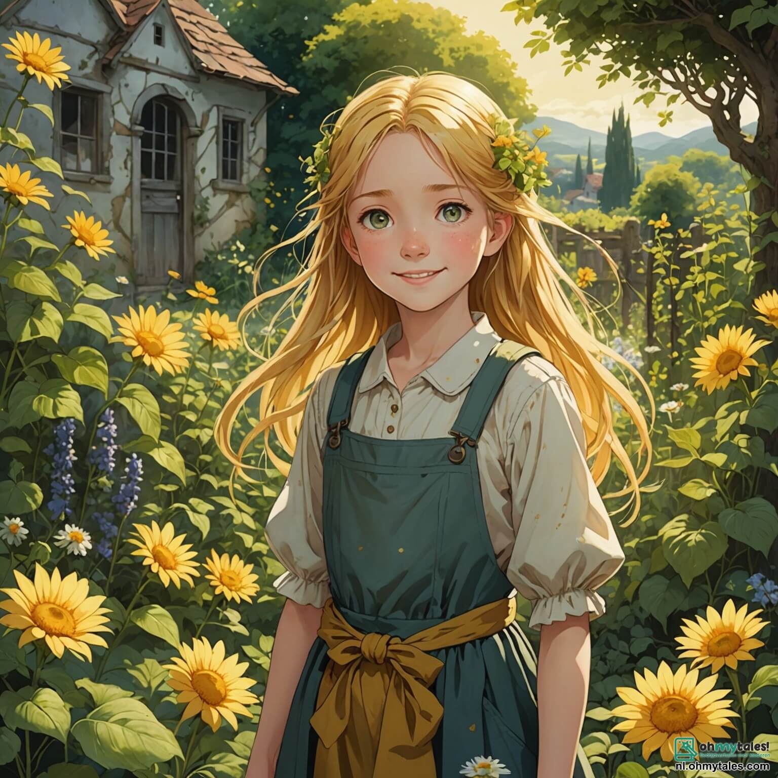 Une illustration destinée aux enfants représentant une jeune fille au cœur pur, aux cheveux dorés comme les rayons du soleil, vêtue de haillons mais avec un sourire éclatant, travaillant sans relâche dans une jardin en friche, où les fleurs fanées et les ronces se mêlent à des souvenirs de beauté, tandis qu'elle rêve d'échapper à l'emprise de sa méchante belle-mère, une femme au visage sévère et aux yeux froids, ainsi que de ses deux stériles demi-sœurs, aux rires moqueurs et aux robes flamboyantes, dans un royaume enchanteur où les couleurs se mêlent aux mélodies des oiseaux, et où l'espoir d'une vie meilleure flotte dans l'air comme un parfum de roses.