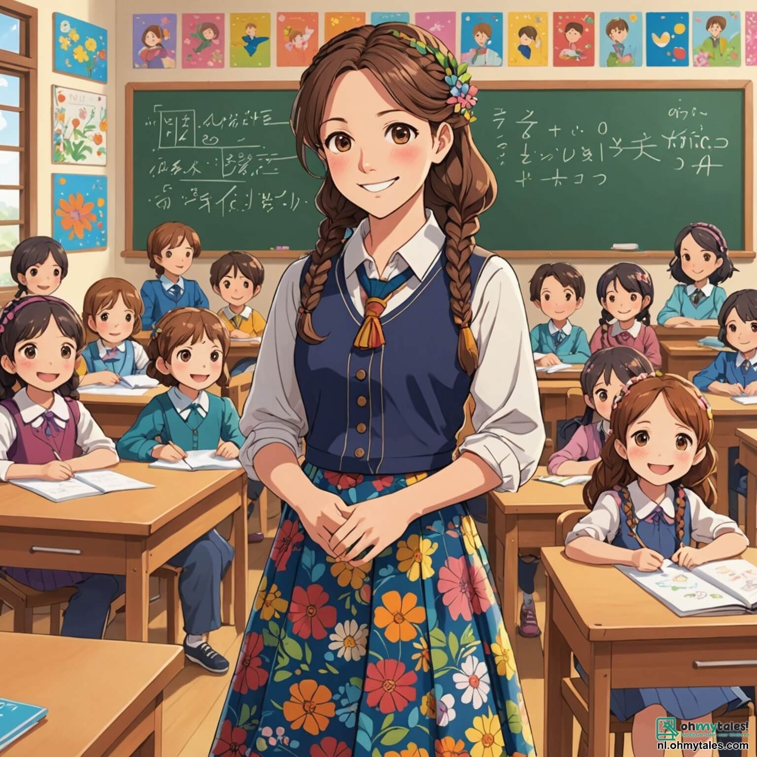 Une illustration destinée aux enfants représentant une institutrice au sourire chaleureux et aux cheveux châtains ondulés, vêtue d'une robe colorée ornée de motifs floraux, se tenant au milieu d'une salle de classe ensoleillée aux murs peints de couleurs vives, où des dessins d'élèves décorent les tableaux, entourée de jeunes élèves, des garçons aux yeux pétillants de curiosité et des filles aux tresses soignées, tous assis sur des chaises en bois, impatients d'apprendre, tandis qu'elle leur explique avec passion l'importance de la nature, dans un cadre où les rayons du soleil filtrent à travers les grandes fenêtres, illuminant les livres empilés sur les étagères et les plantes vertes qui apportent une touche de vie à cet espace d'apprentissage.