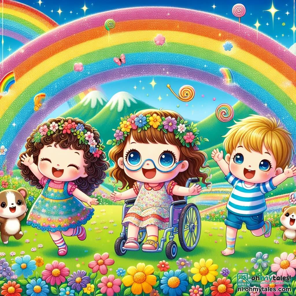 Illustratie die een magische scène in de regenboogvallei weergeeft, waar de lucht helderblauw is en glinsterende regenbogen door het landschap lopen. Multikleurige bloemen dansen in de wind, wat een vrolijke en betoverende sfeer creëert. In het midden van de afbeelding zijn drie kinderen samengekomen: een meisje van ongeveer 8 jaar met krullend bruin haar, gekleed in een kleurrijke jurk en een bril, die enthousiast glimlacht. Naast haar zit een ander meisje van ongeveer 7 jaar met glad blond haar in een mooie rolstoel versierd met bloemen, haar ogen stralen van vreugde. Ten slotte steekt een jongen van ongeveer 8 jaar met kastanjebruin haar en een gestreept T-shirt zijn armen in de lucht, alsof hij van blijdschap springt. Ze worden omringd door schattige kleine dieren, waaronder een harig diertje dat hen verwelkomt met een grote glimlach. De sfeer is vol levendige kleuren en magie, wat een moment van puur geluk en avontuur illustreert, waar de kinderen de wonderen van de regenboogvallei ontdekken. Snoepjes zweven in de lucht en fonkelende sterren geven een feeërieke toets aan deze vrolijke scène.