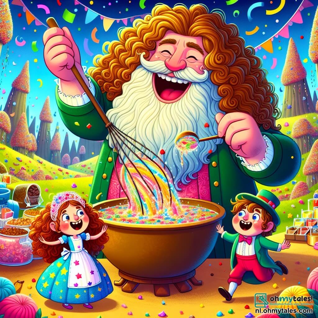 Une illustration sous forme de dessin destinée aux enfants représentant un vaste et coloré paysage de Gigantopia, avec des arbres géants aux troncs multicolores et des fleurs énormes, où un géant joyeux, avec une longue chevelure bouclée et un grand sourire, est en train de mélanger des ingrédients dans une immense cuve, tandis qu'une petite fille aux cheveux brillants et une robe étoilée, ainsi qu'un garçon au chapeau coloré, l'observent avec émerveillement, tous deux riant et applaudissant, alors qu'une danse magique de confettis et de couleurs s'élève autour d'eux, symbolisant l'excitation de préparer la plus grande et la plus délicieuse des tartes.