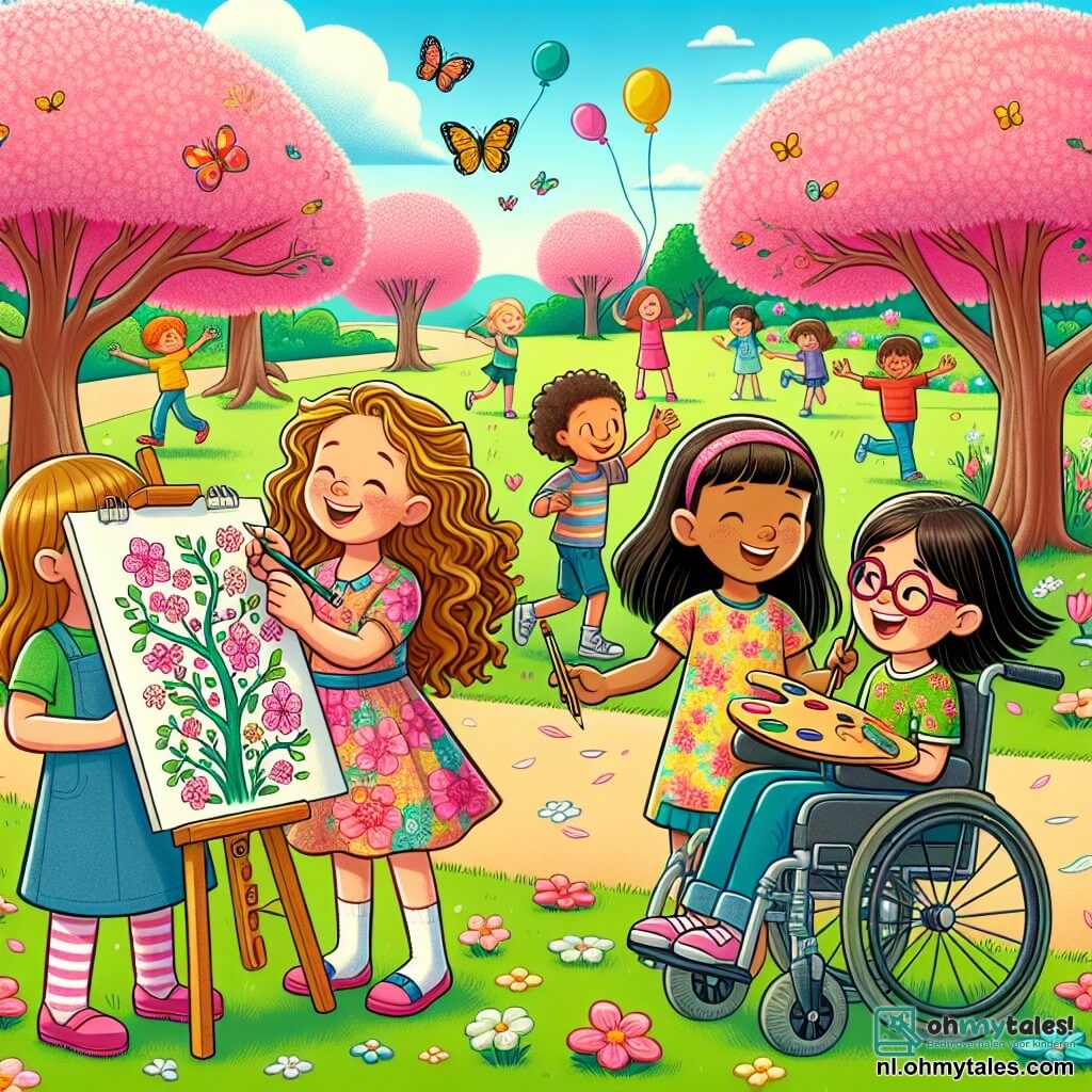 Illustratie van een bloeiende park in de lente, met bomen met roze en witte bloemen, groene gazons en kleurrijke vlinders in de lucht. In het midden van de scène zijn drie meisjes van ongeveer 10 jaar samengekomen. Het eerste meisje, met lange, krullende blonde haren en een kleurrijke jurk, glimlacht vrolijk terwijl ze een groot vel papier vasthoudt waarop ze schetsen maakt. Het tweede meisje, met gladde bruine haren, draagt een t-shirt met bloemenpatroon en kijkt aandachtig naar de tekeningen van haar vriendin, met een potlood in de hand. Het derde meisje, zittend in een rolstoel, heeft kastanjebruine haren en draagt een bril. Ze glimlacht terwijl ze een palet met verf vasthoudt, klaar om haar eigen kunstwerk te maken. Op de achtergrond rennen kinderen vrolijk op zoek naar schatten, terwijl kleurrijke ballonnen in de blauwe lucht zweven. De sfeer is feestelijk en vol leven, die de geest van de lente en vriendschap vastlegt.