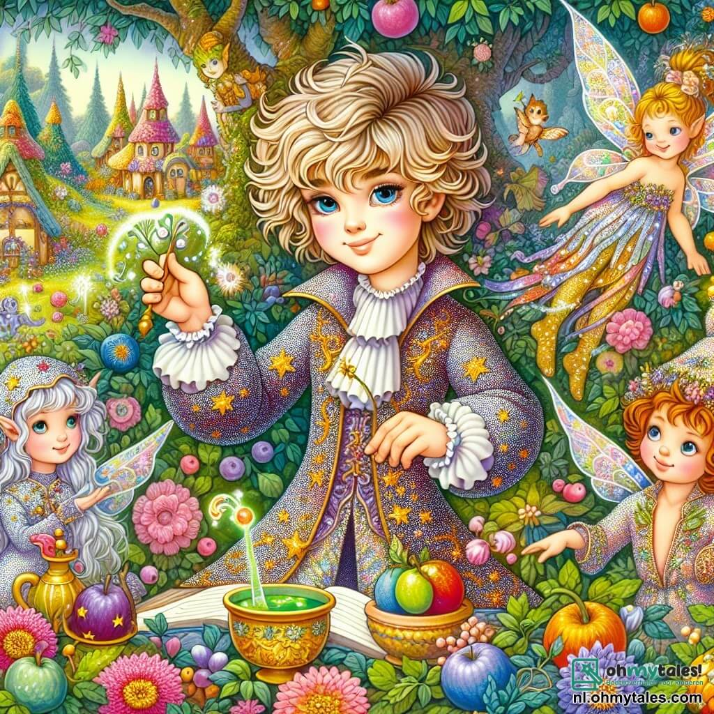 Une illustration destinée aux enfants représentant un jeune sorcier à la chevelure flamboyante, vêtu d'une robe chatoyante ornée d'étoiles scintillantes, se tenant dans un jardin enchanté où les fleurs dansent au rythme d'une douce mélodie, entouré de ses amis, une petite fée aux ailes iridescentes et un dragon espiègle à l'écaille dorée, alors qu'ils tentent de concocter une potion magique pour faire rire tous les habitants de leur village coloré, où les maisons sont peintes de mille couleurs et les arbres portent des fruits en forme de bonbons, créant une atmosphère à la fois ensorcelante et amusante.