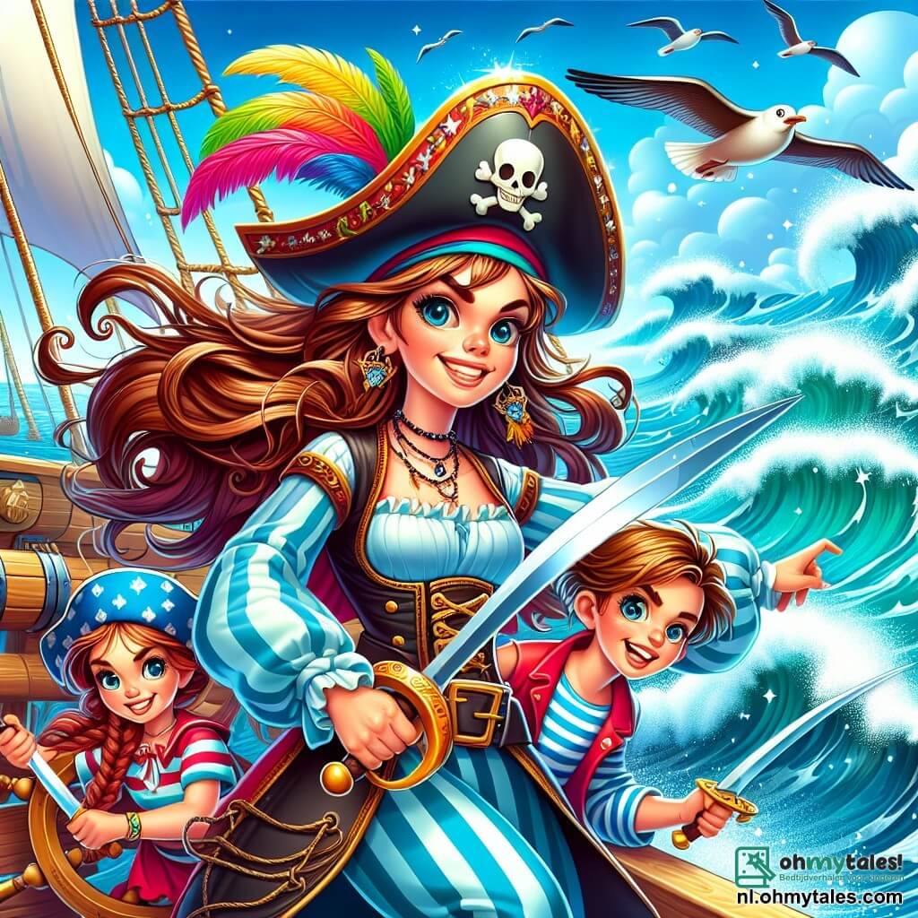 Une illustration sous forme de dessin destinée aux enfants représentant une scène vibrante sur un bateau pirate en pleine mer, avec une femme au long cheveux bruns, portant un chapeau de pirate orné d'une plume colorée, brandissant un sabre avec détermination tout en dirigeant son équipage, composé d'un jeune garçon aux yeux pétillants et d'une petite fille aux tresses, tous deux vêtus de vêtements de marin, qui l'aident à naviguer à travers des vagues tumultueuses, tandis qu'un ciel bleu éclatant et des mouettes volantes ajoutent une touche d'aventure à cette quête pour retrouver une précieuse carte au trésor.